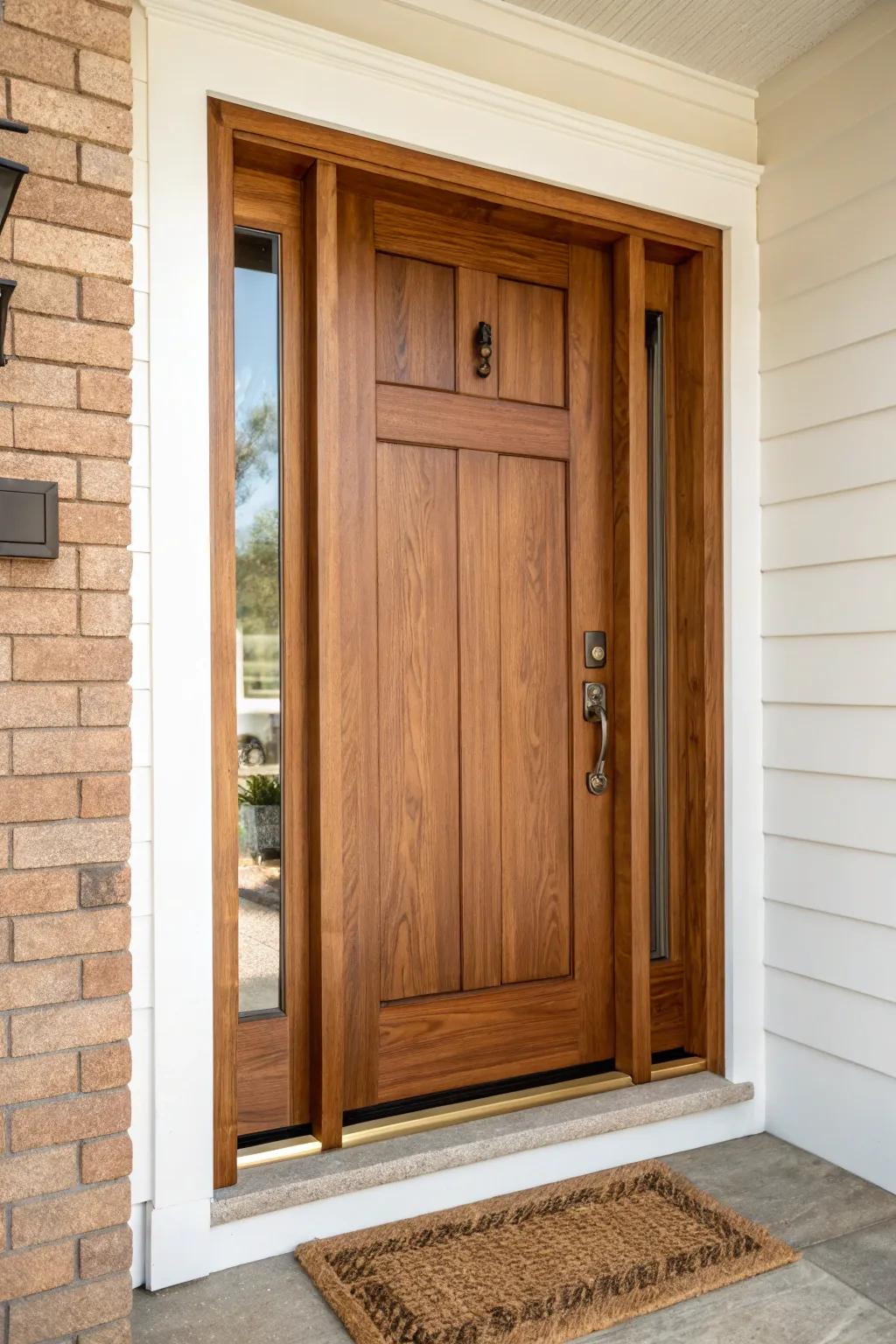 Warm honey stain + crisp contrasting trim: a front door that feels like framed art.
