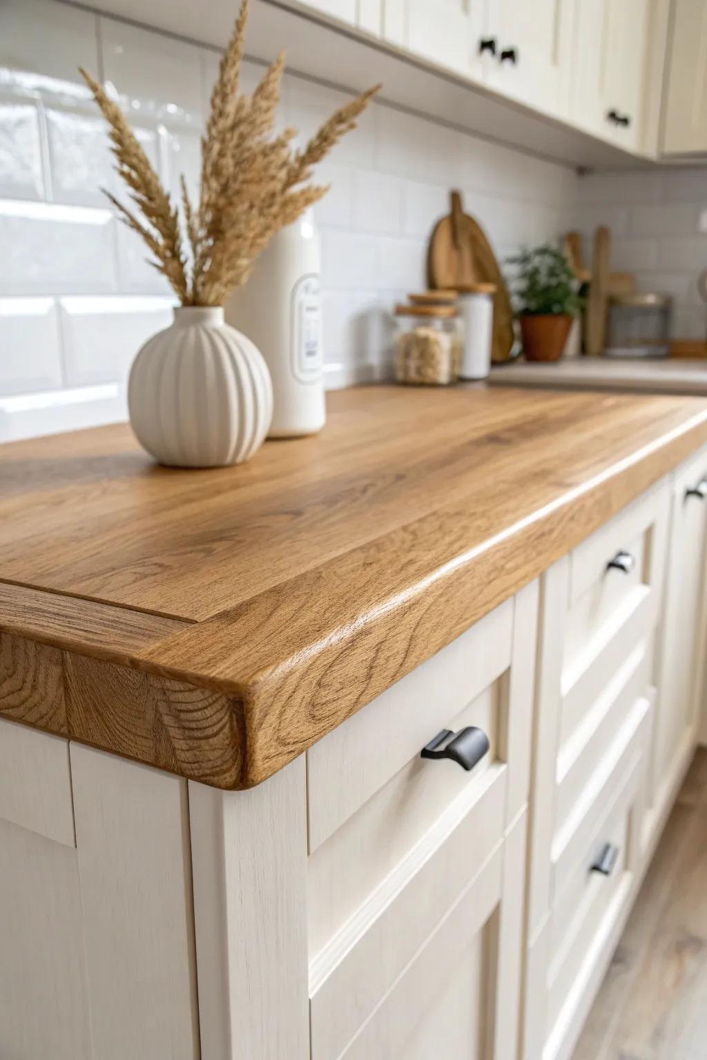 Light wood countertops with white cabinets—bright, airy, and beautifully timeless.