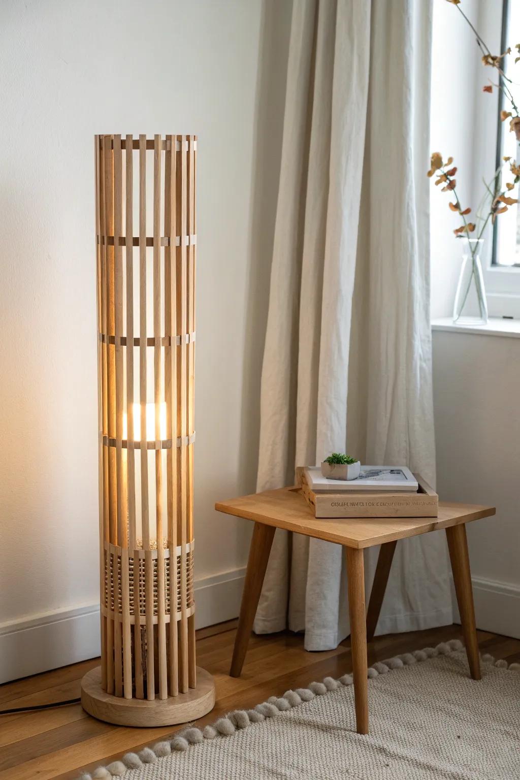 A slatted wooden tower lamp that casts crisp, cozy shadow lines—minimal, warm, and handmade.