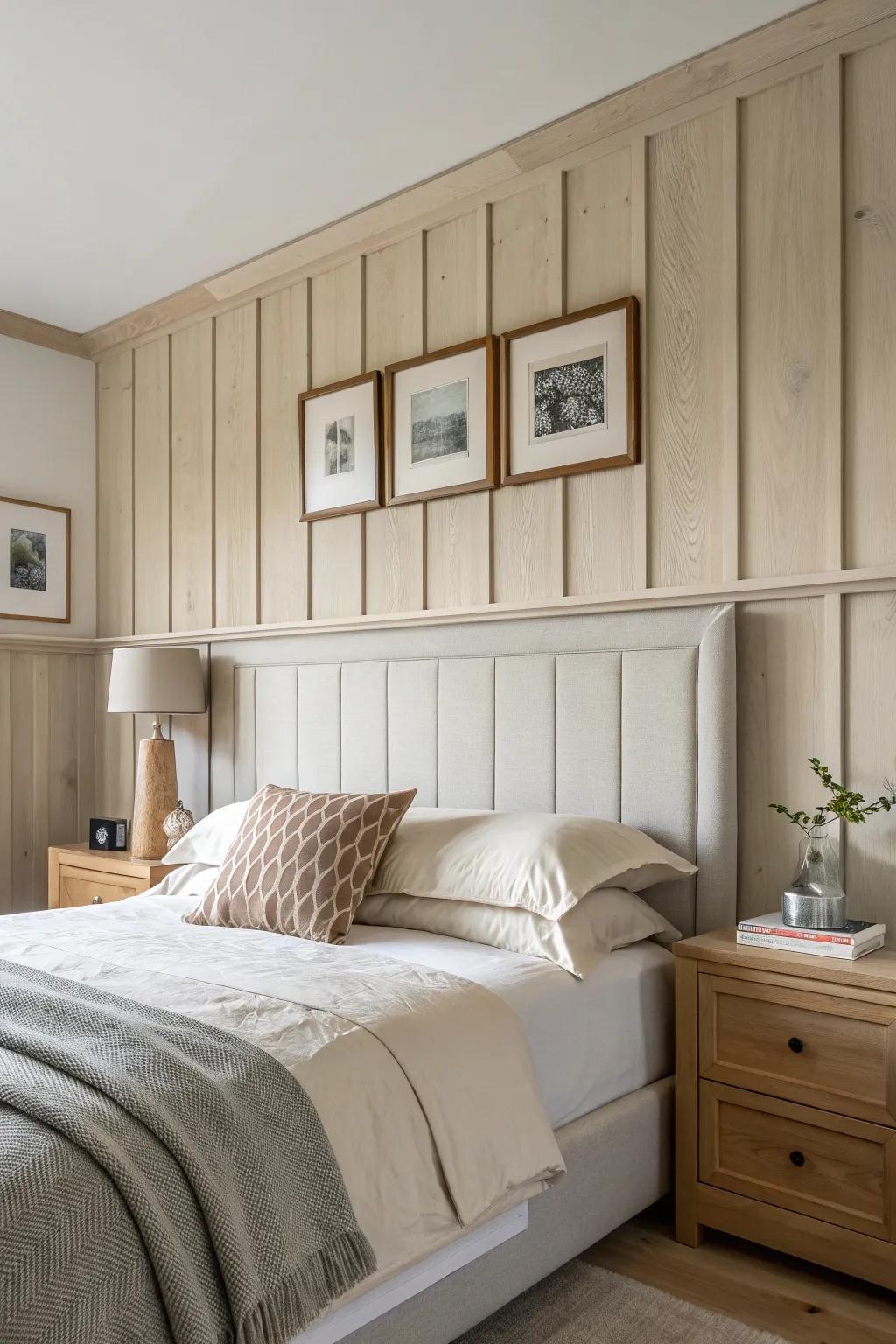 Board-and-batten half wall: cozy cottage structure with airy Scandinavian calm behind the bed.