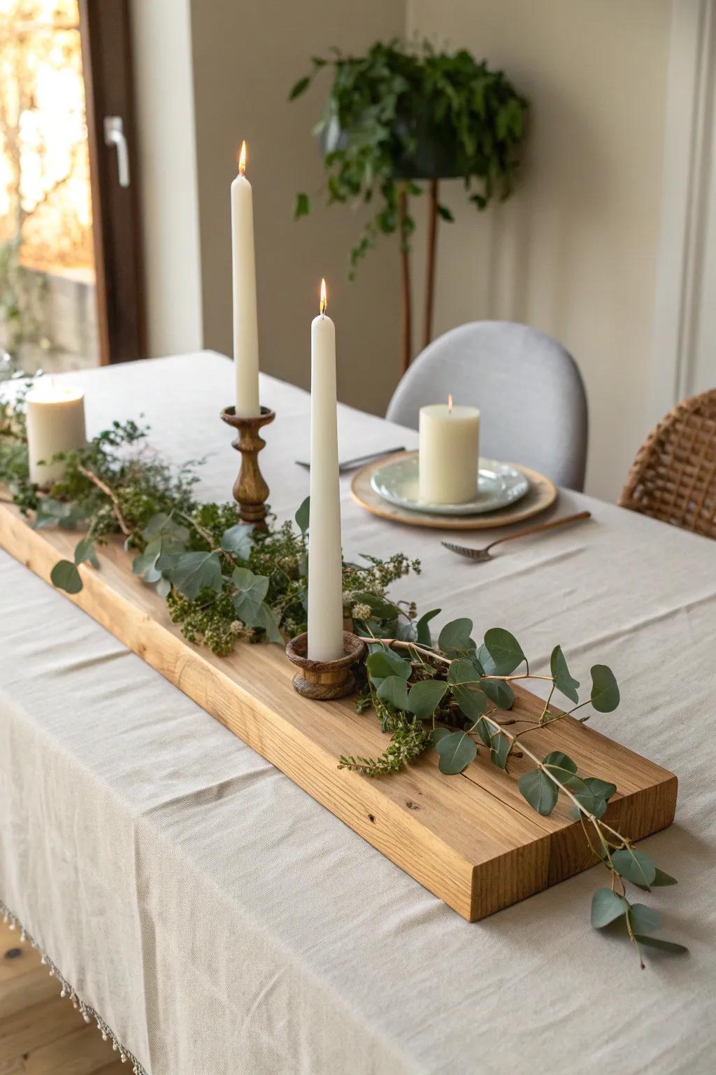 A slim wood runner riser + candles and eucalyptus—simple, cozy dining table magic.