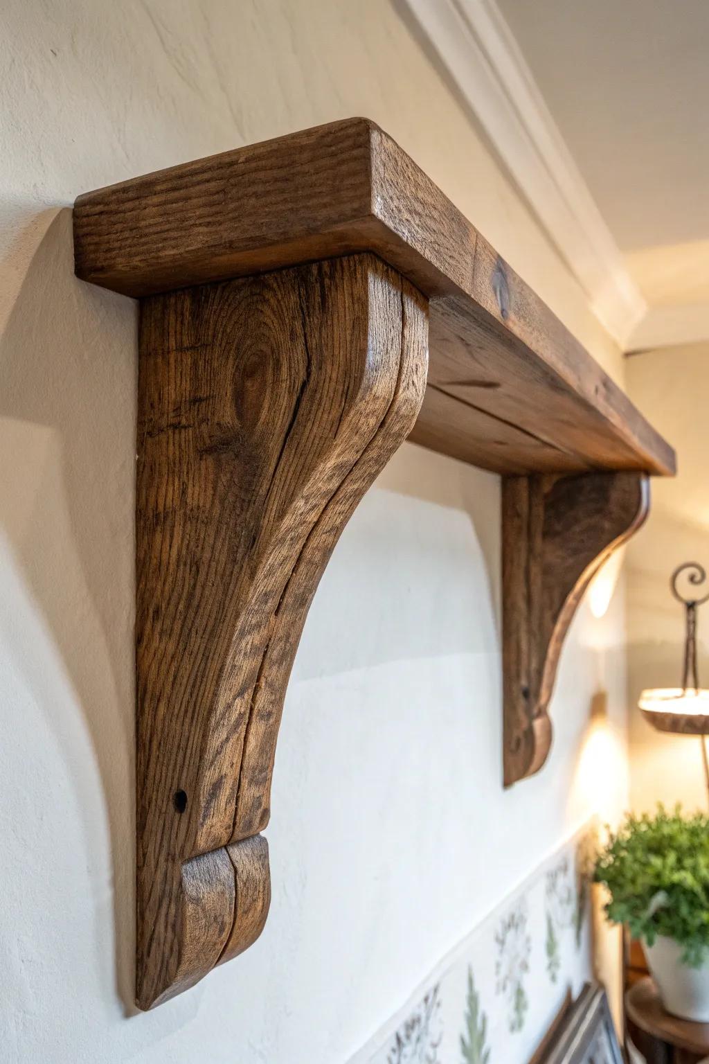 Chunky dark-stained wood corbel that adds instant farmhouse charm and built-in shelf vibes.
