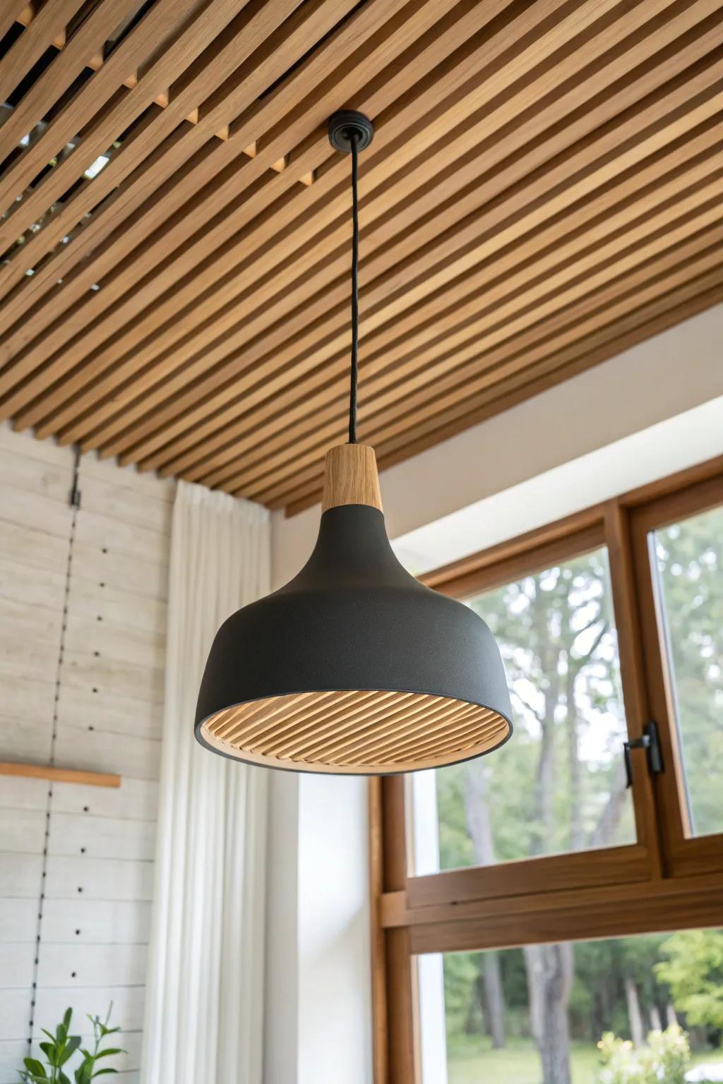 Dark backing behind wood slats creates bold shadow lines and a custom millwork look.