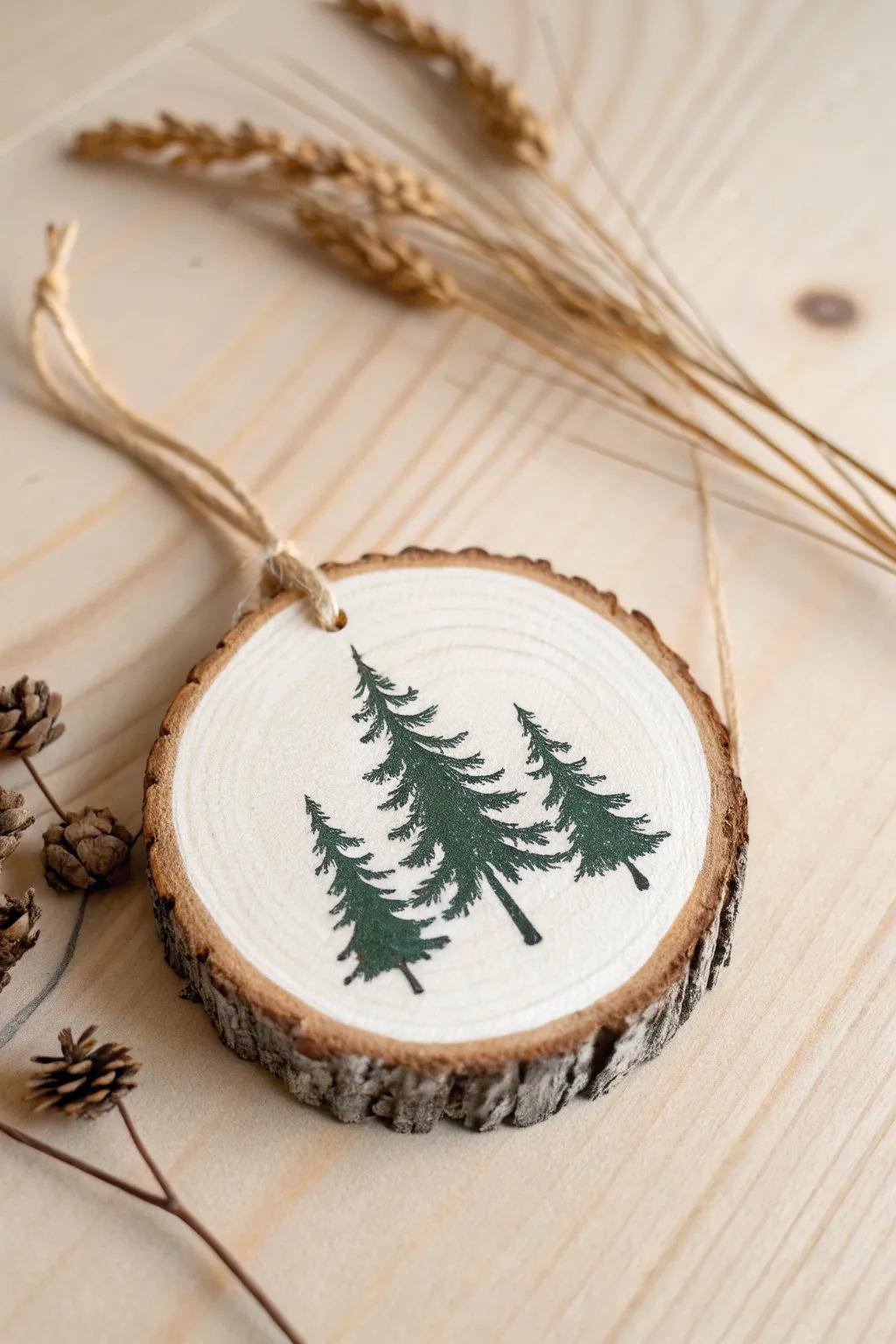 Simple evergreen icons on a rustic wood slice—minimal, handmade, and beautifully natural.