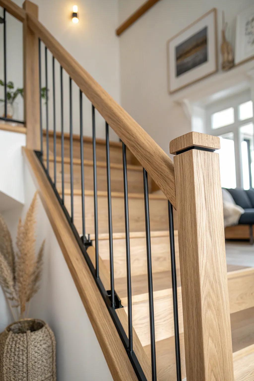 Warm oak handrail + sleek black balusters: the perfect farmhouse-meets-modern staircase detail.