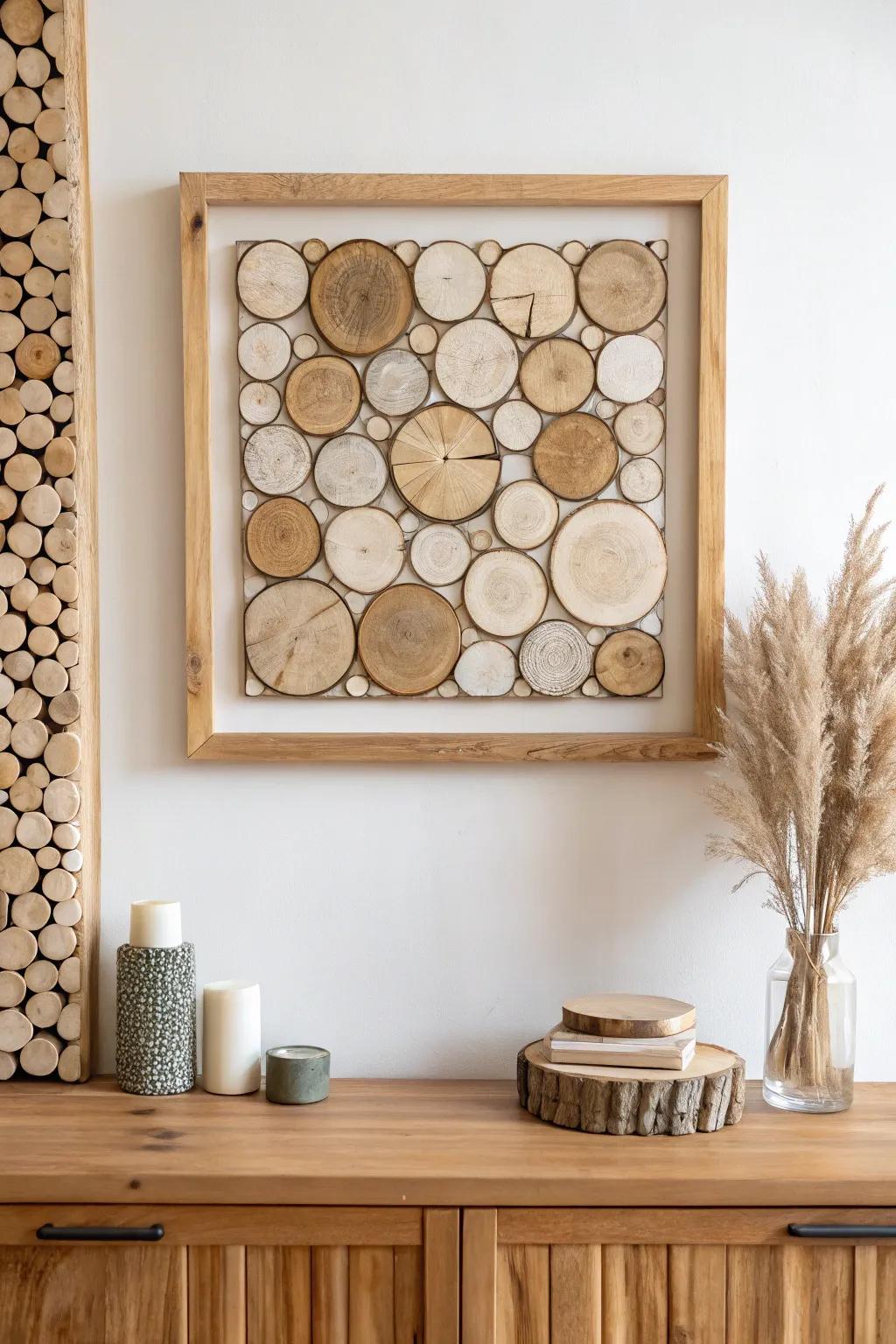 A minimalist framed wood-slice collage that turns scrap rounds into warm, earthy wall art.