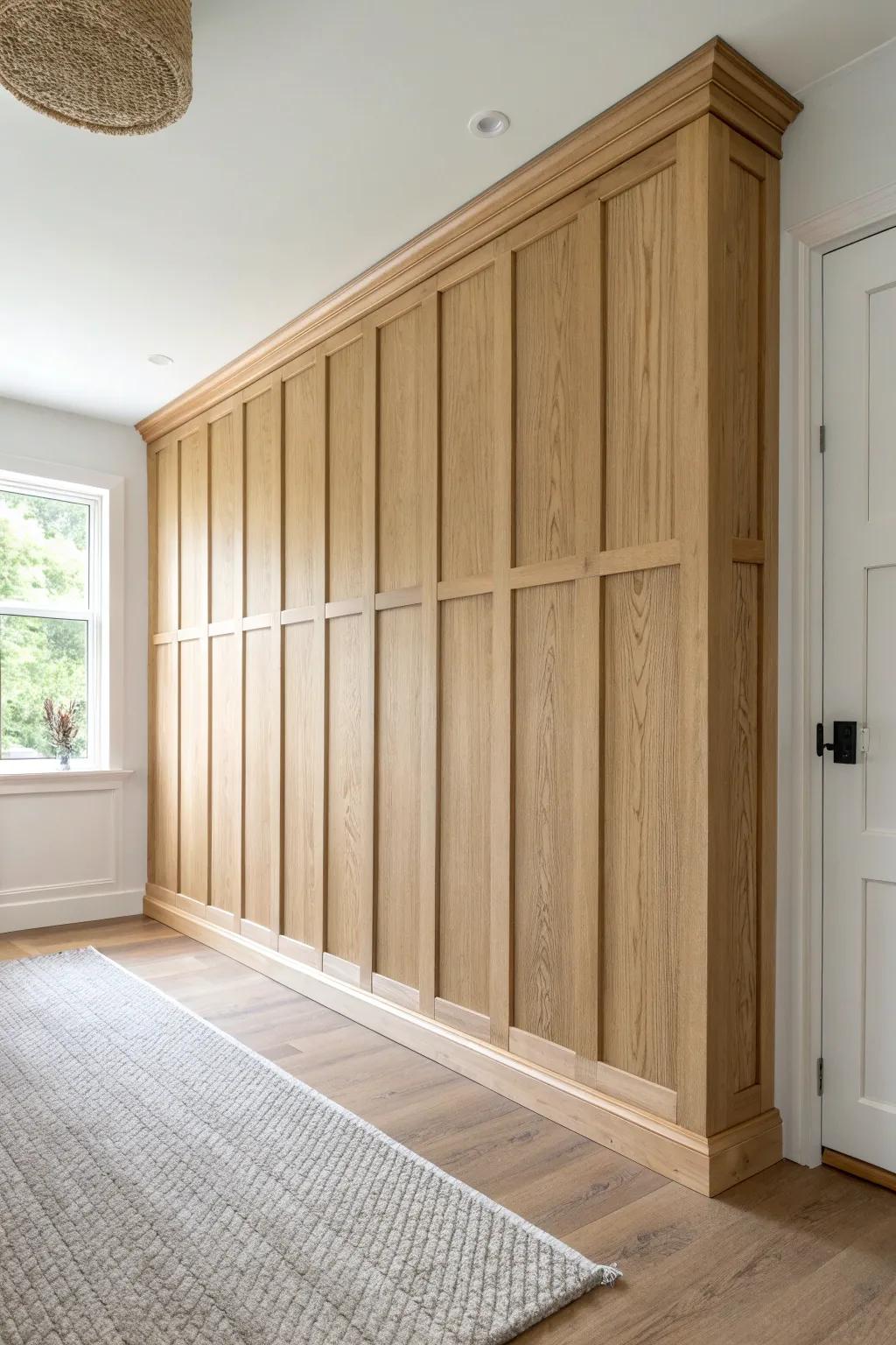 Full-height board and batten in light oak—clean lines, taller feel, and timeless craftsmanship.