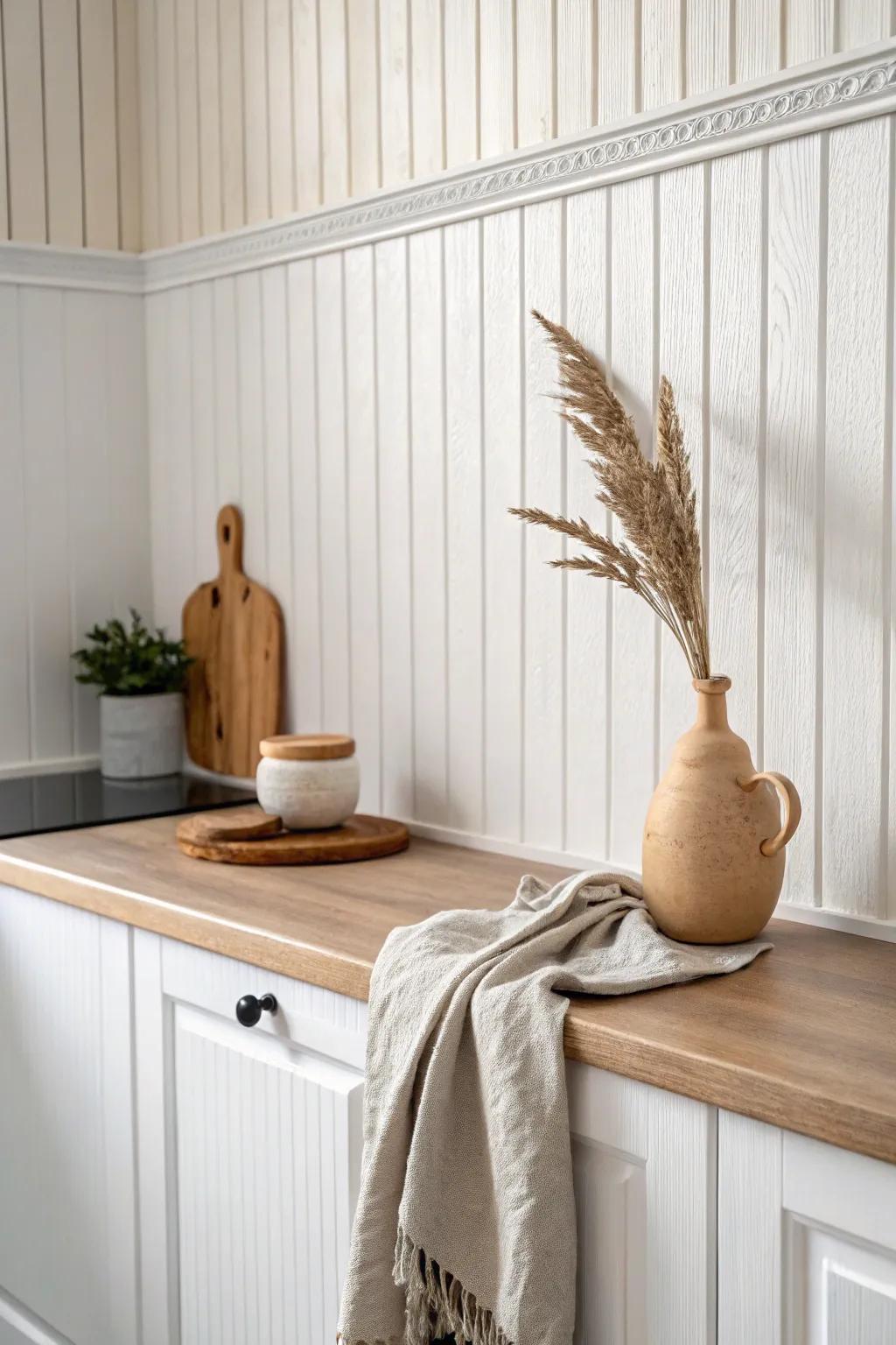 White painted beadboard backsplash: bright farmhouse charm with wipeable, weeknight-proof finish.