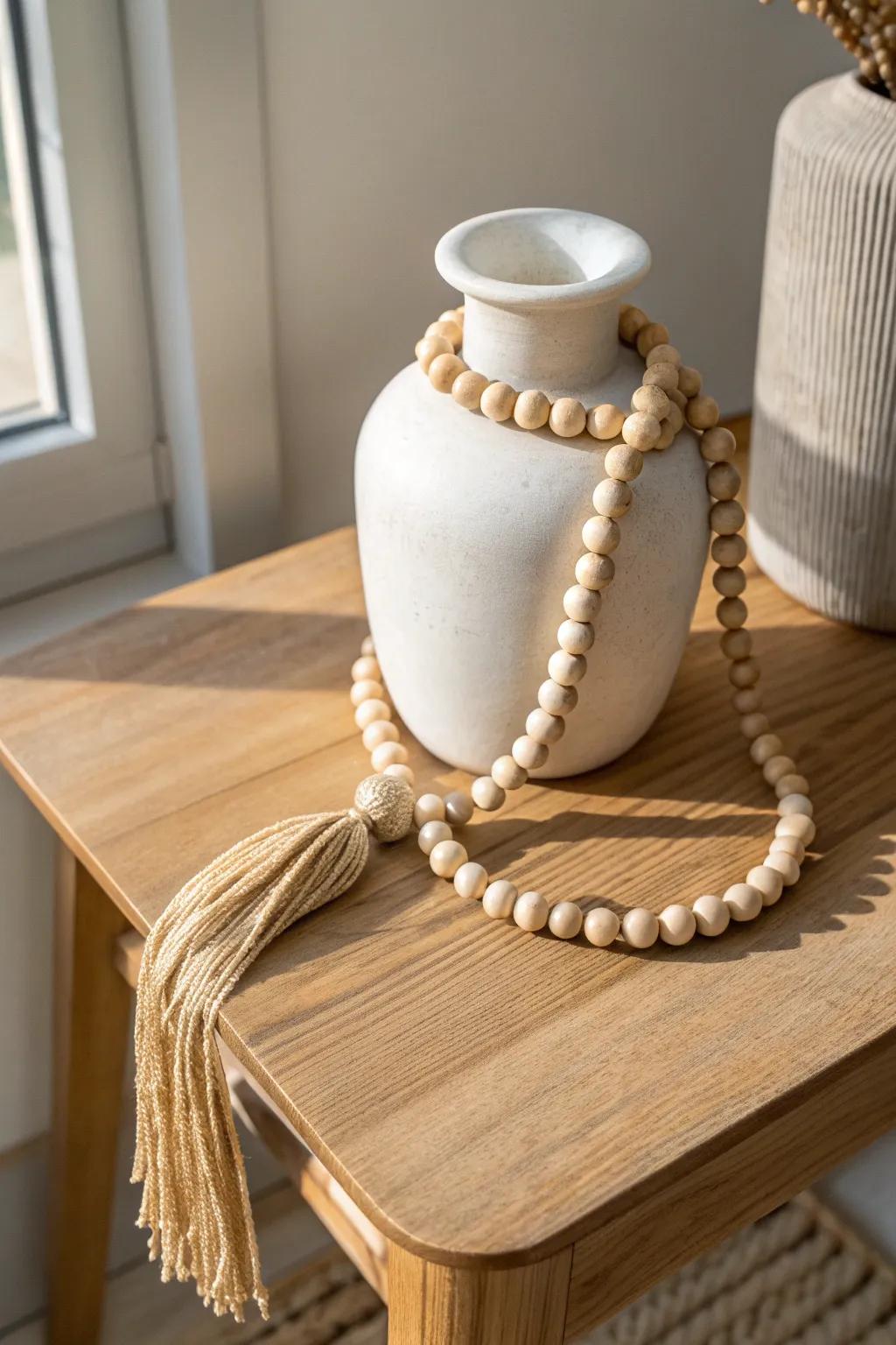 Wrap wooden beads around a simple vase neck for an effortless farmhouse‑boho upgrade.