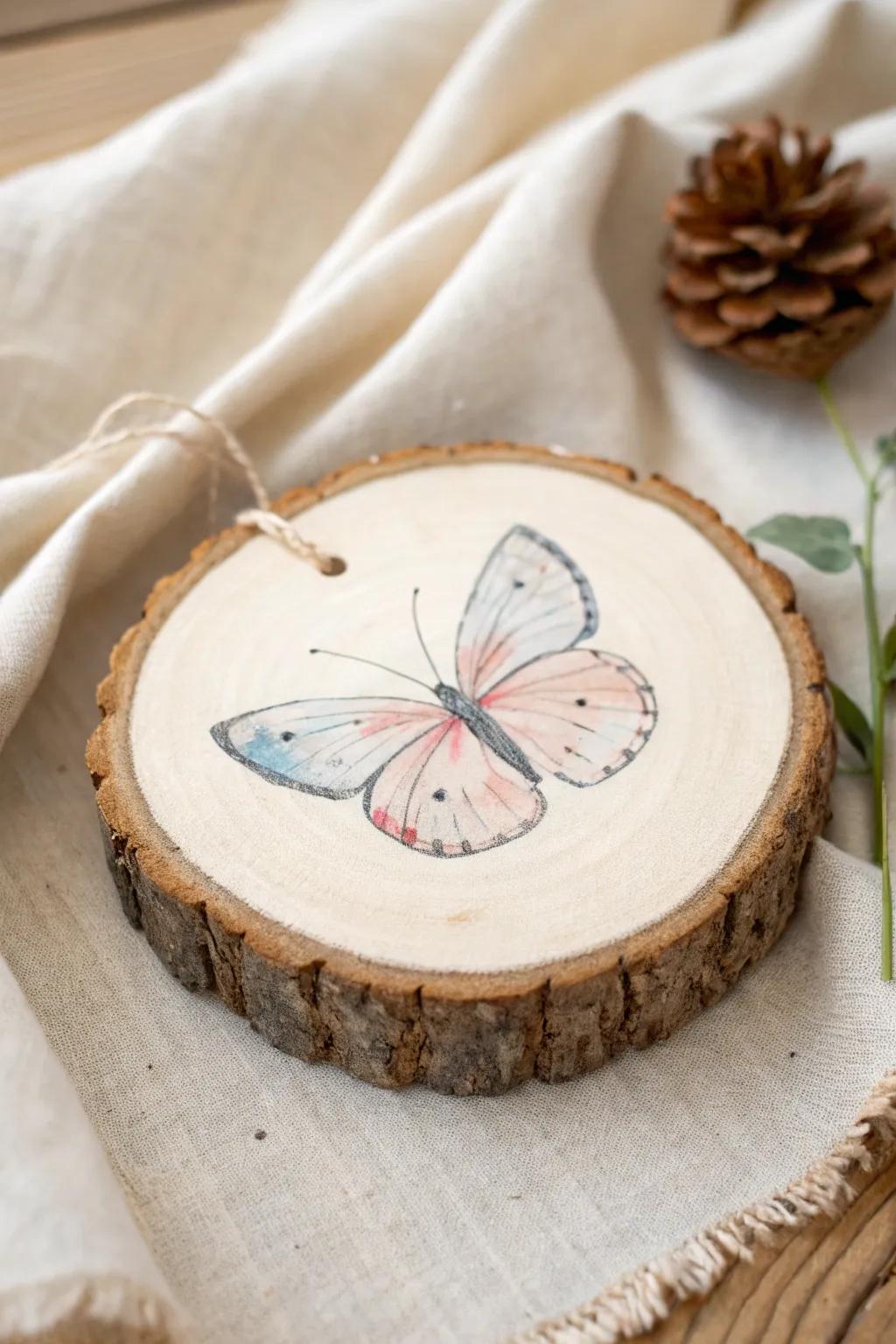 Soft pastel butterfly on raw wood—minimal, sweet, and perfect for farmhouse neutrals.