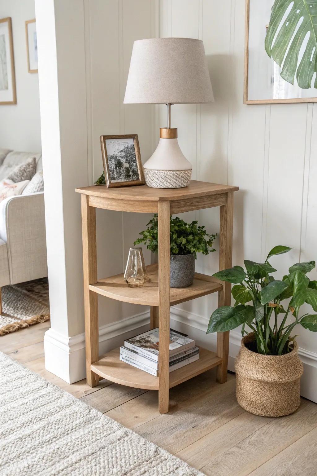 Three-tier corner table: perfect height for a lamp, frames, and cascading greenery.