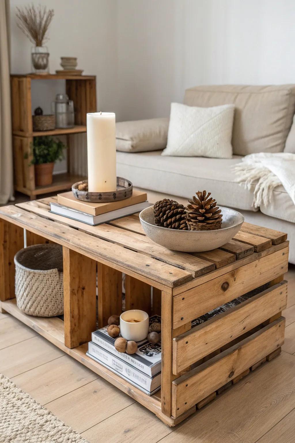Four crates, one chic coffee table—style the hidden center well with cozy candles and finds.