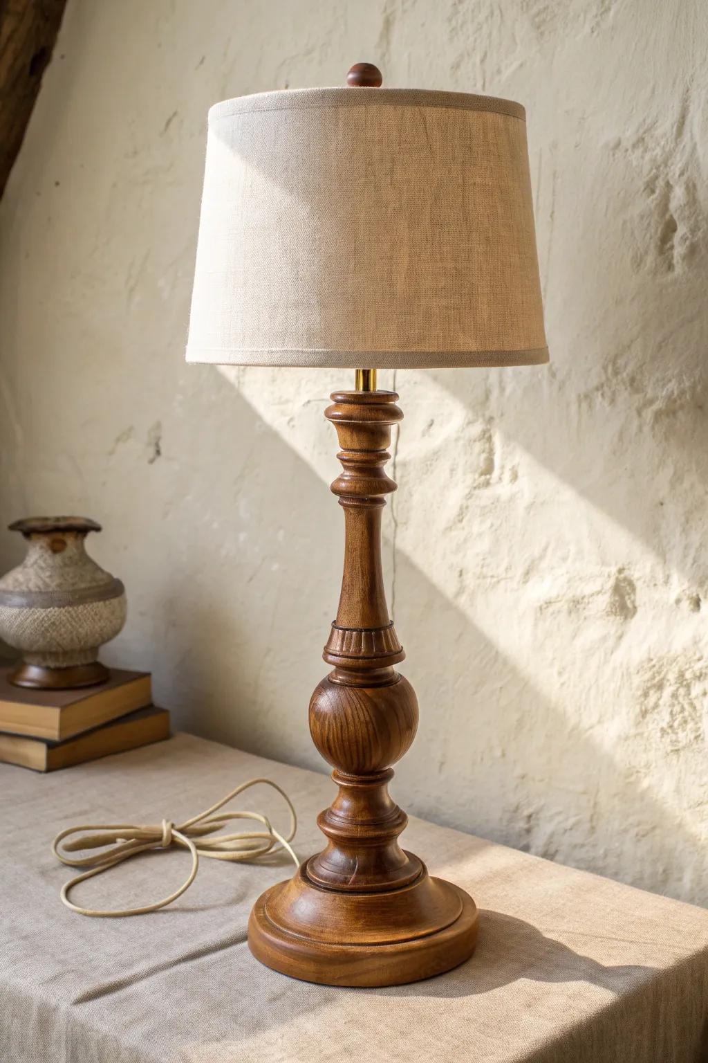 Classic turned spindle lamp base—warm walnut, minimal lines, farmhouse charm with Nordic calm.