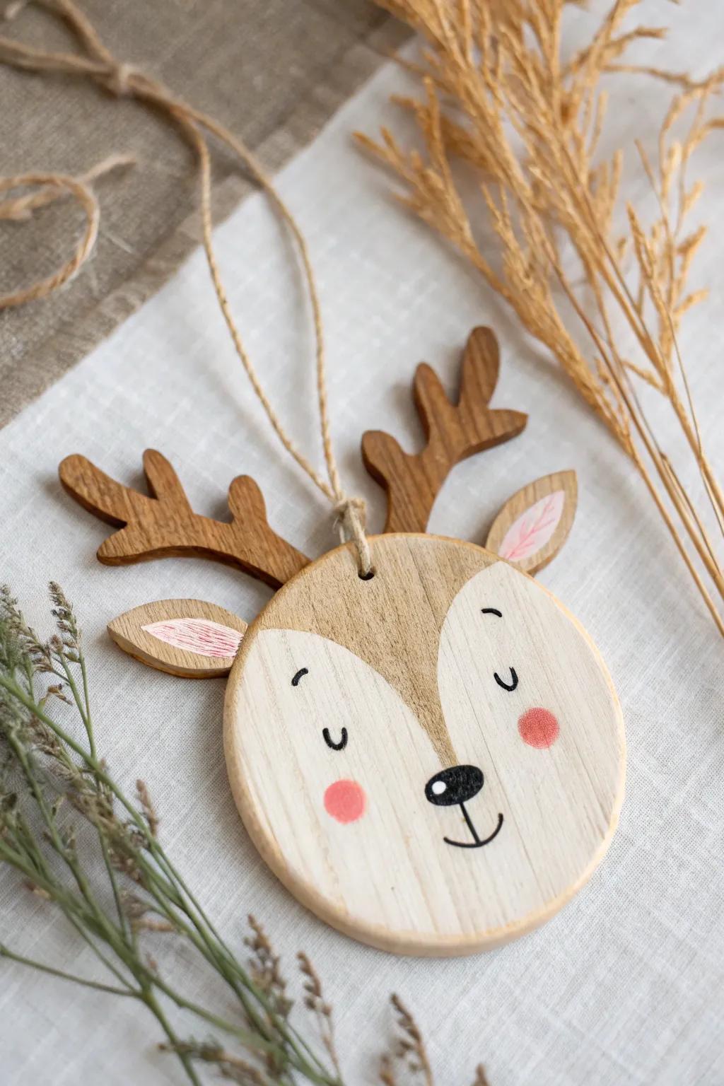 Minimal reindeer wood ornament with soft felt antlers—simple, cozy, and handmade-chic.