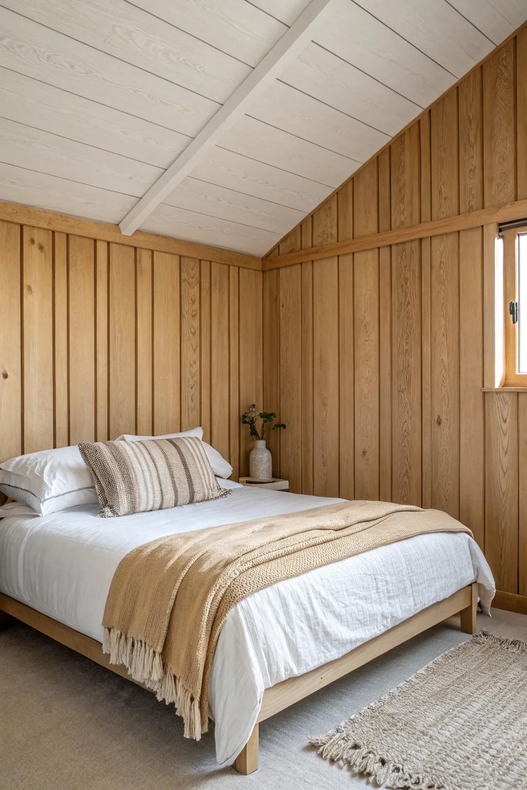 A tongue-and-groove wrap transforms the bed corner into a calm, cabin-like bedroom retreat.