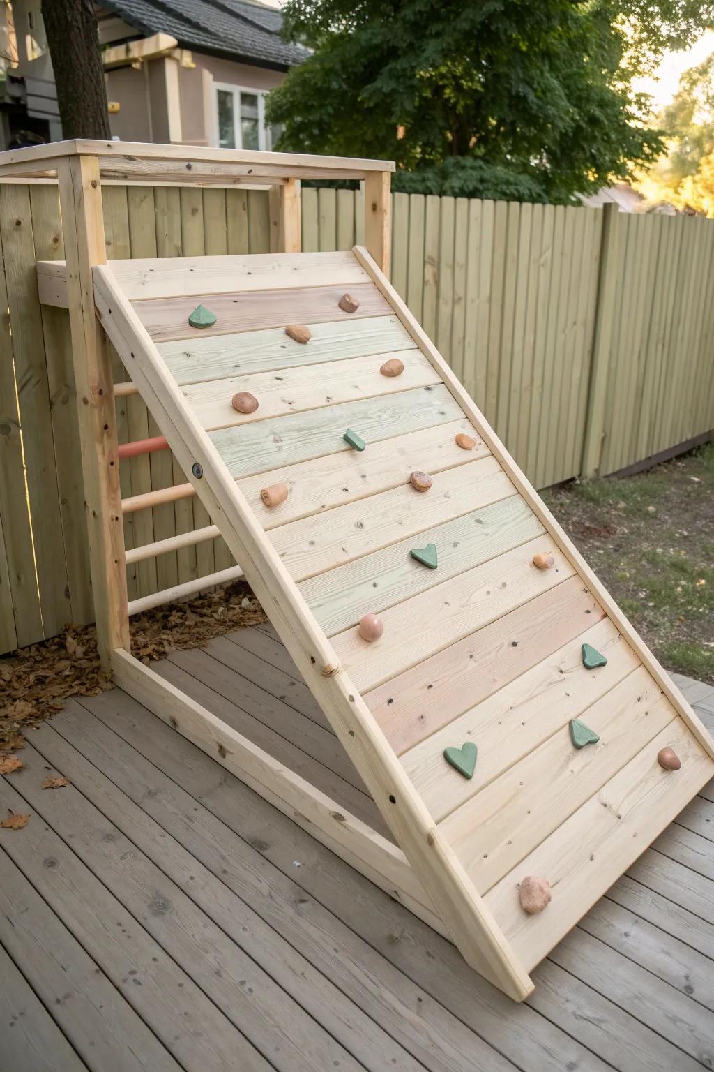 A gentle wooden climbing-wall ramp that turns fort entry into an adventurous little expedition.