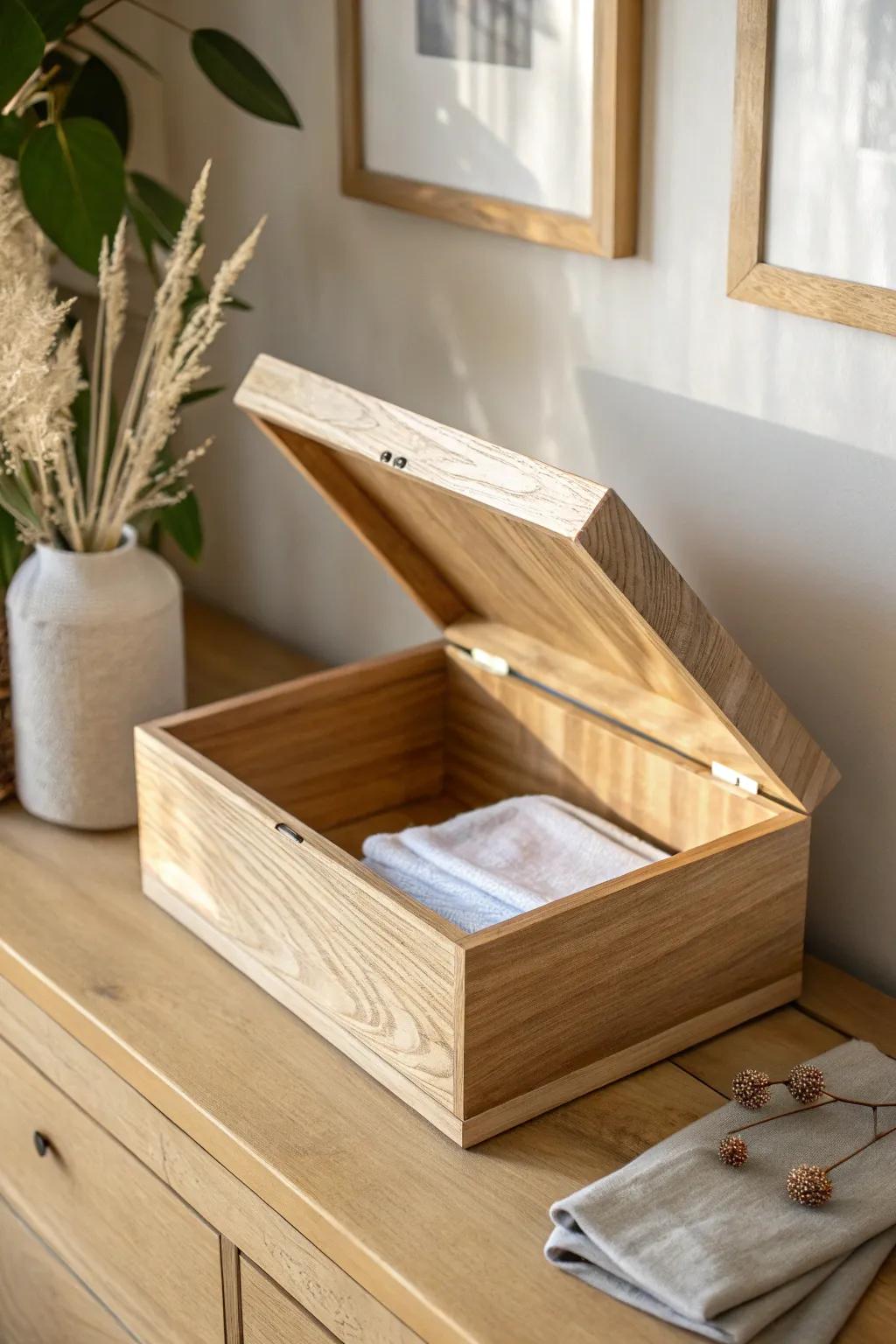 Sleek sliding-lid storage box—hinge-free, tidy, and perfectly crafted for shelf styling.