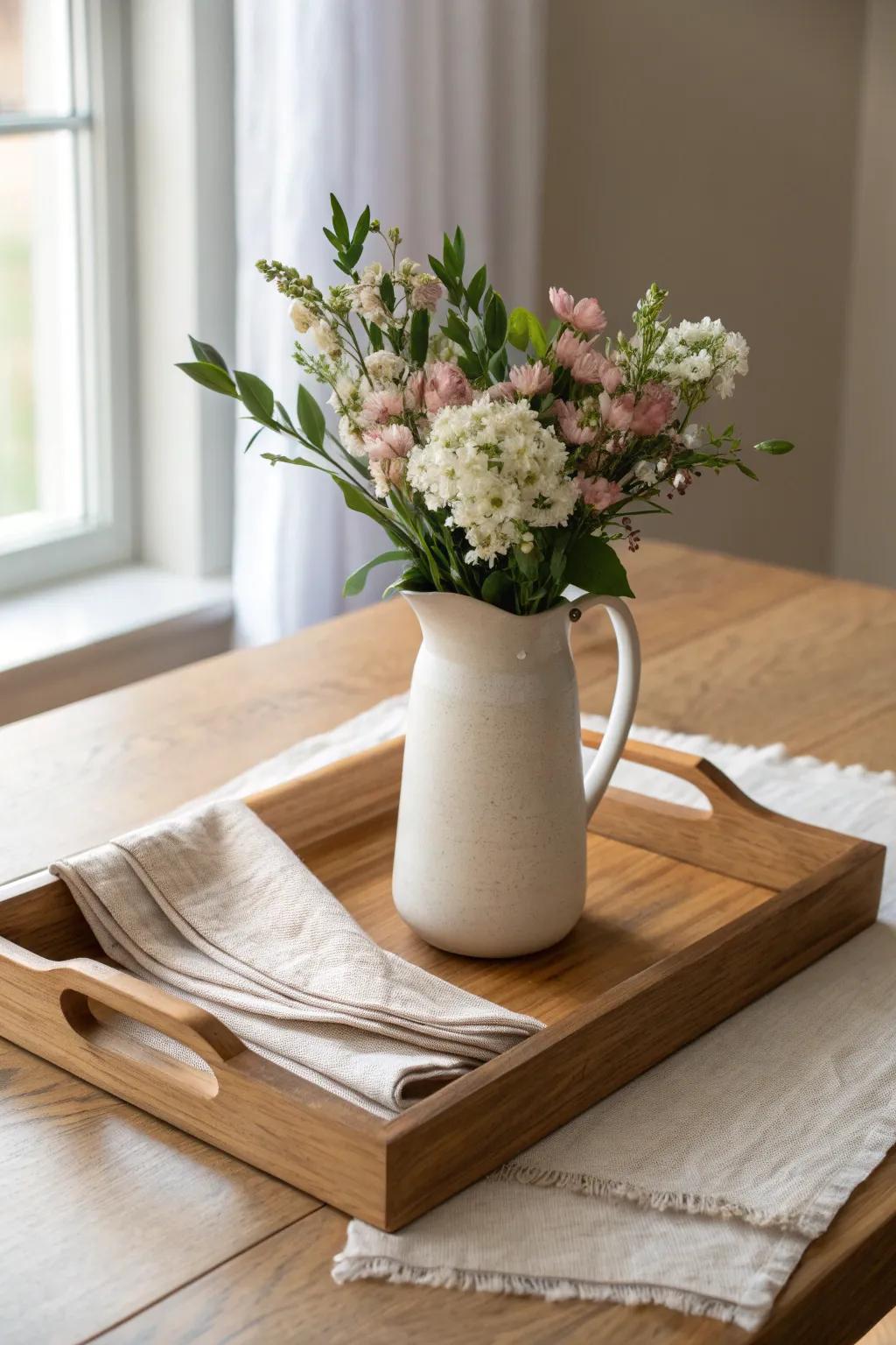 A simple wooden tray + pitcher of fresh blooms for an effortless, beautiful centerpiece.