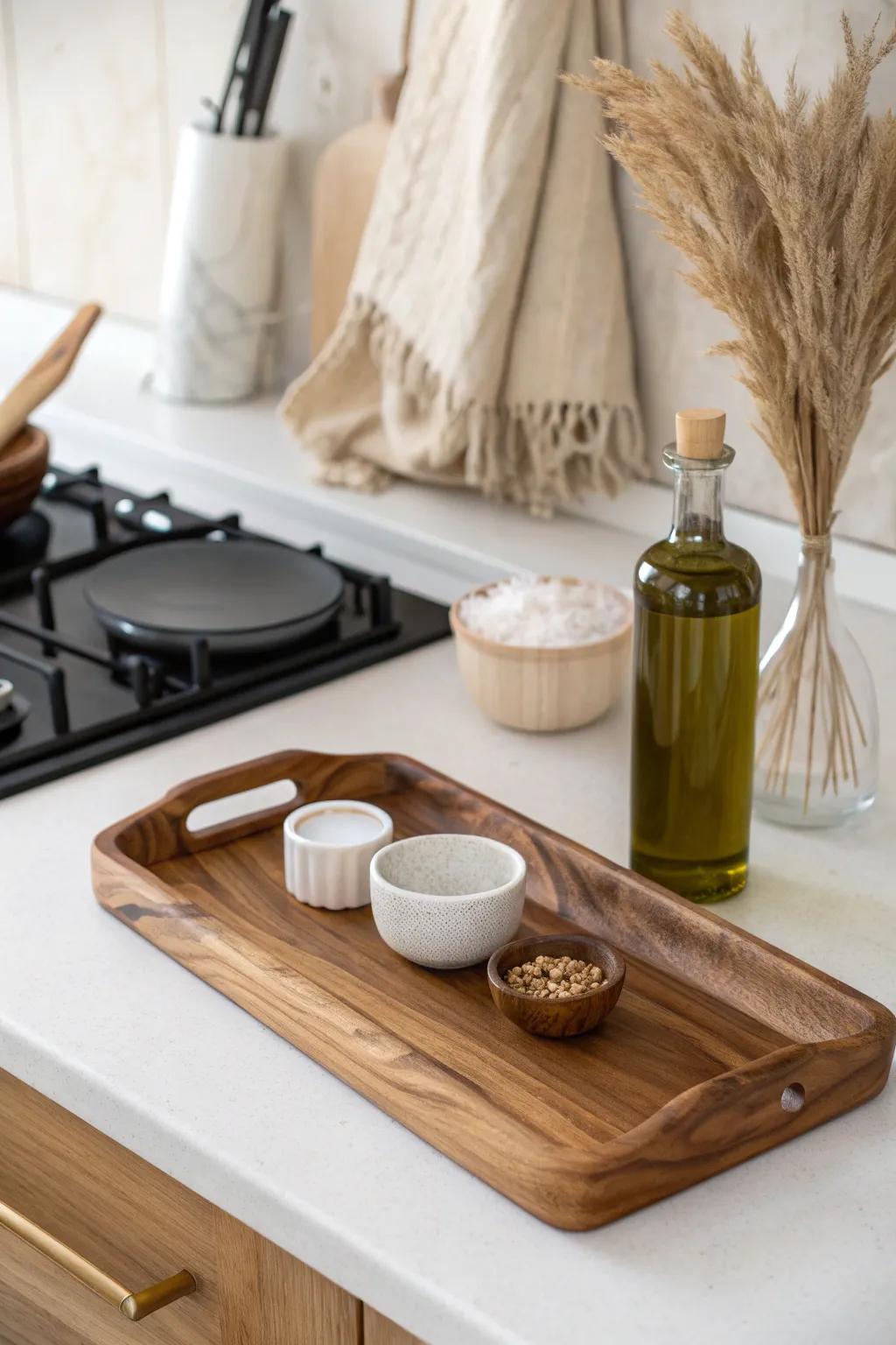 Kitchen counter made calm: oils, salt, and a pinch bowl gathered on a handcrafted wood tray.