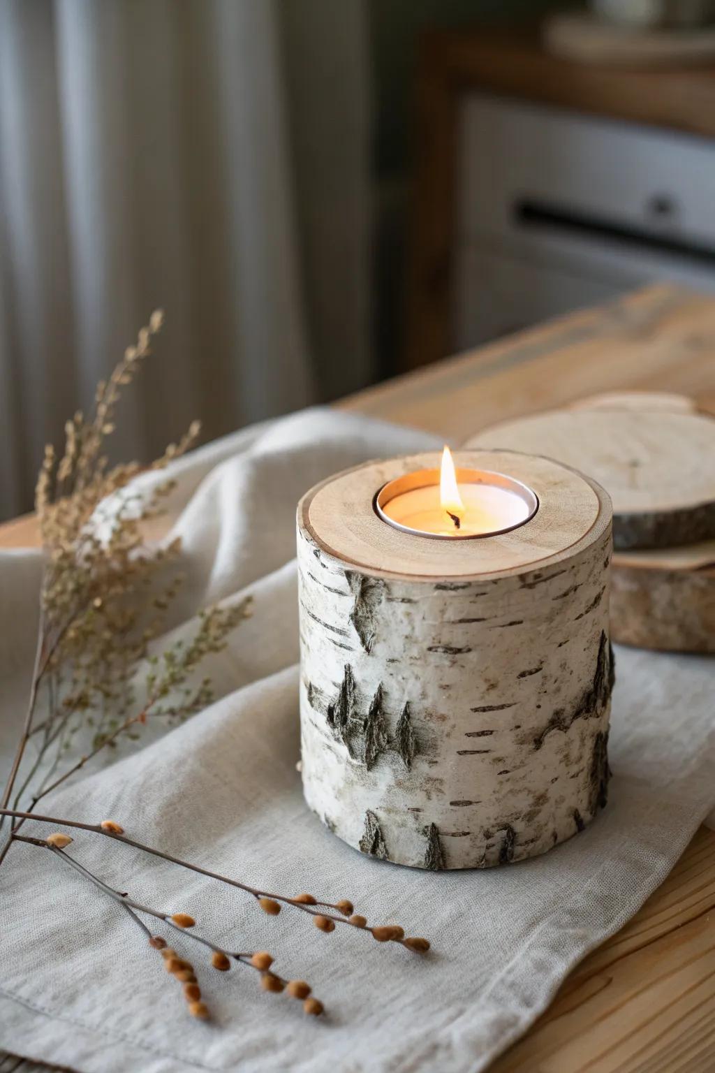 A simple birch log candle holder—natural bark, warm glow, and cozy woodland charm.