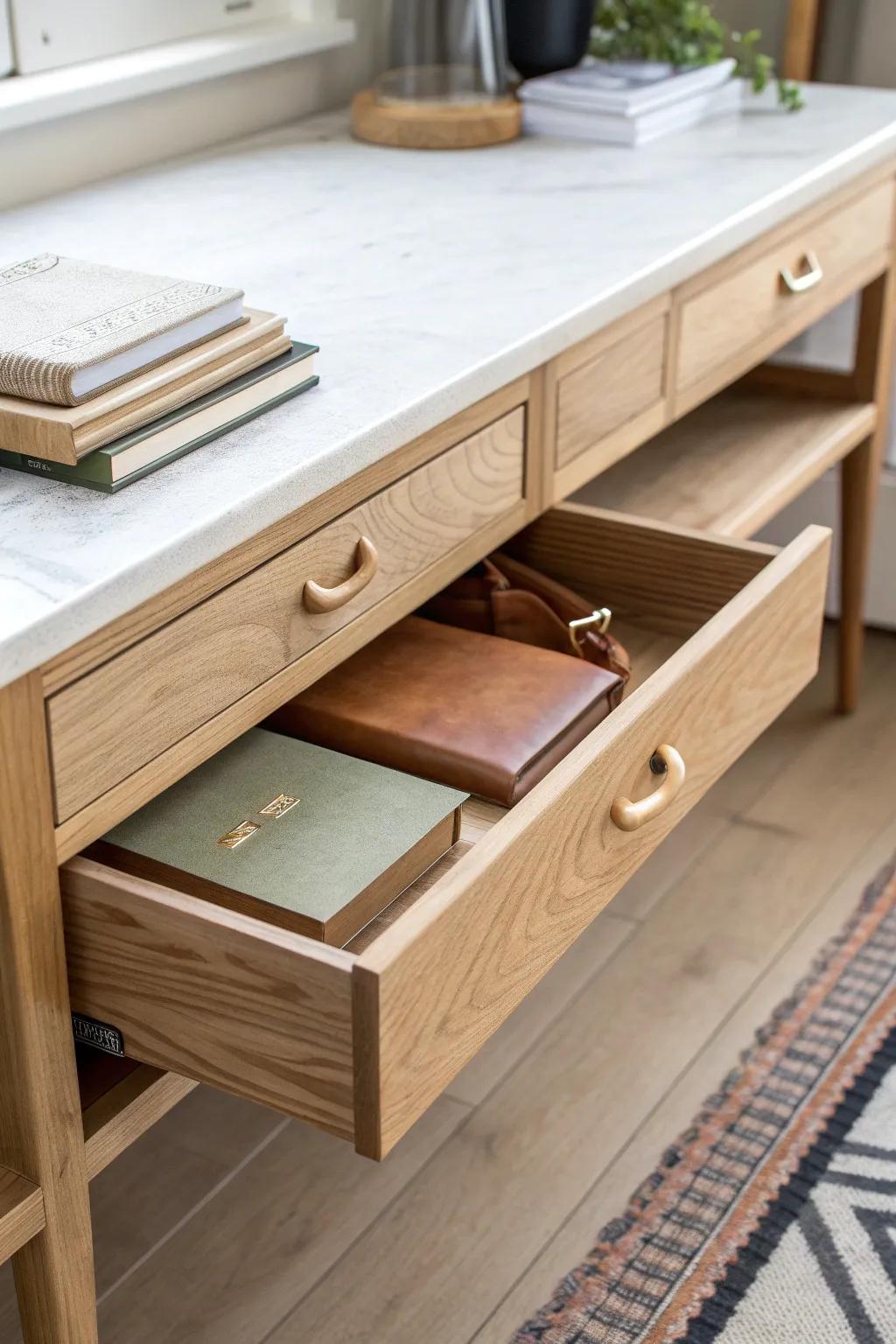 Under-bench drawers keep sanding pads and small tools handy—bench stays clutter-free.