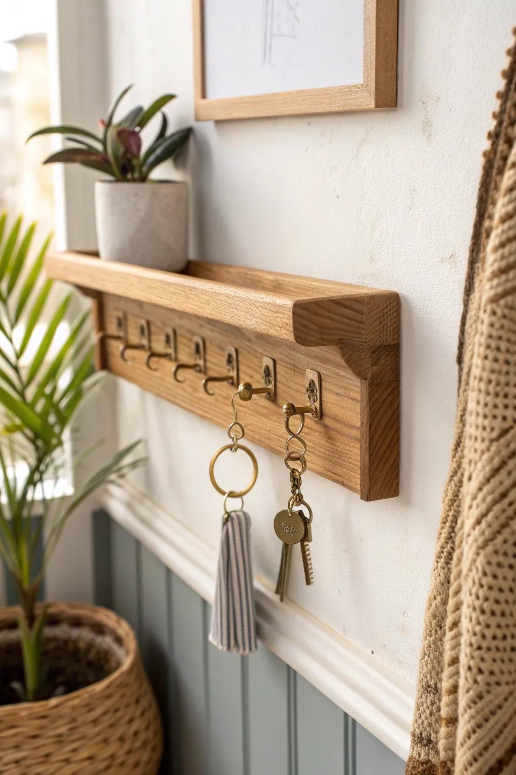 A clean oak key holder with brass hooks and a slim ledge—entryway clutter, solved.