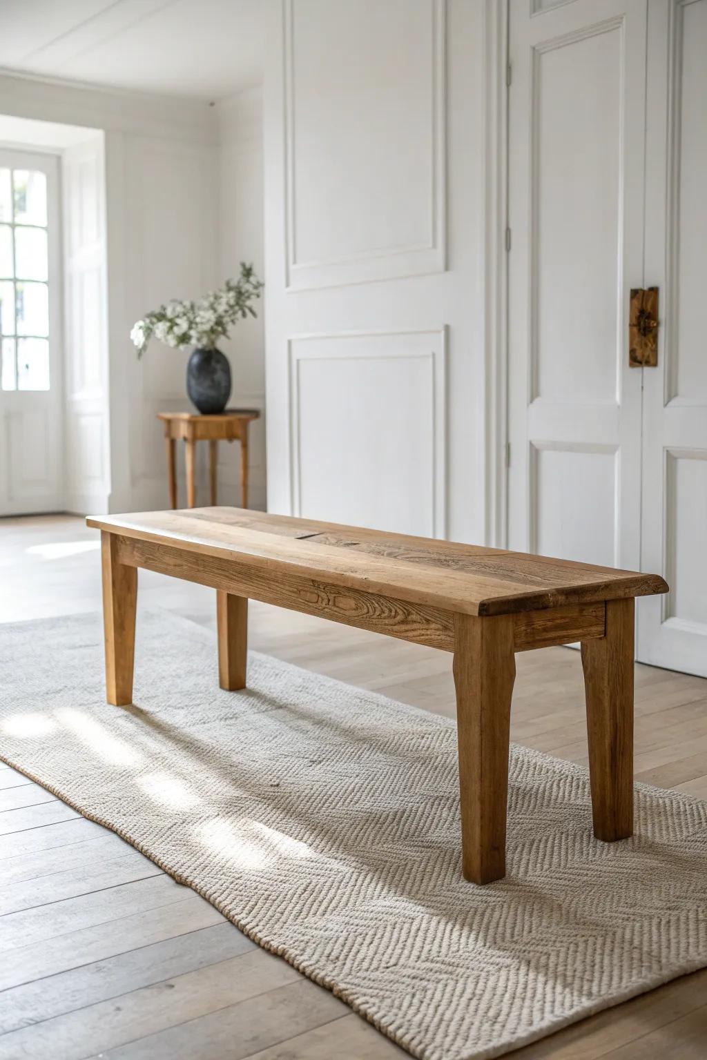 Add wide-plank warmth—one handcrafted oak bench on a natural-fiber rug for instant coziness.