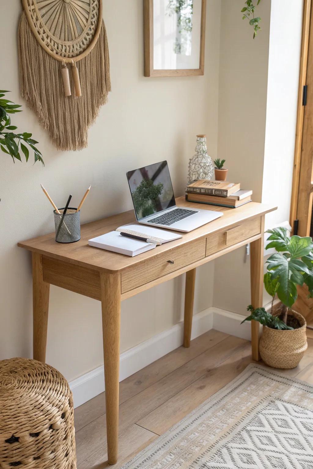 A slim console desk that fits tight rooms—just enough space for laptop, notes, and a plant.