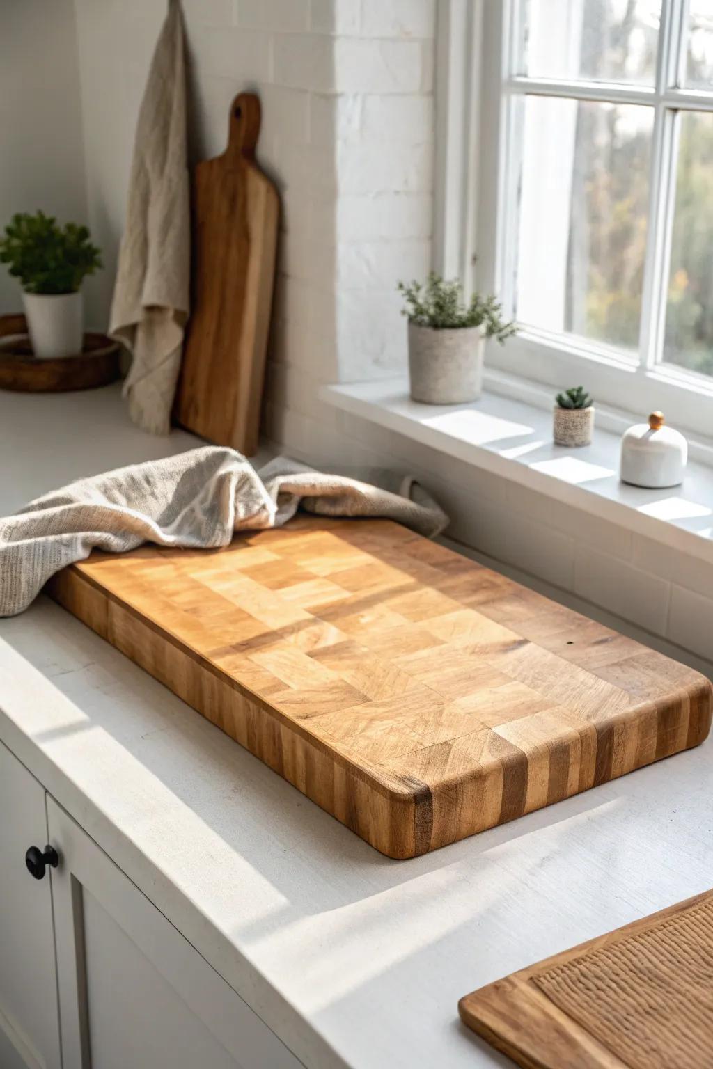 A warm, refinishable butcher block worktop that brings natural beauty to a working pantry.