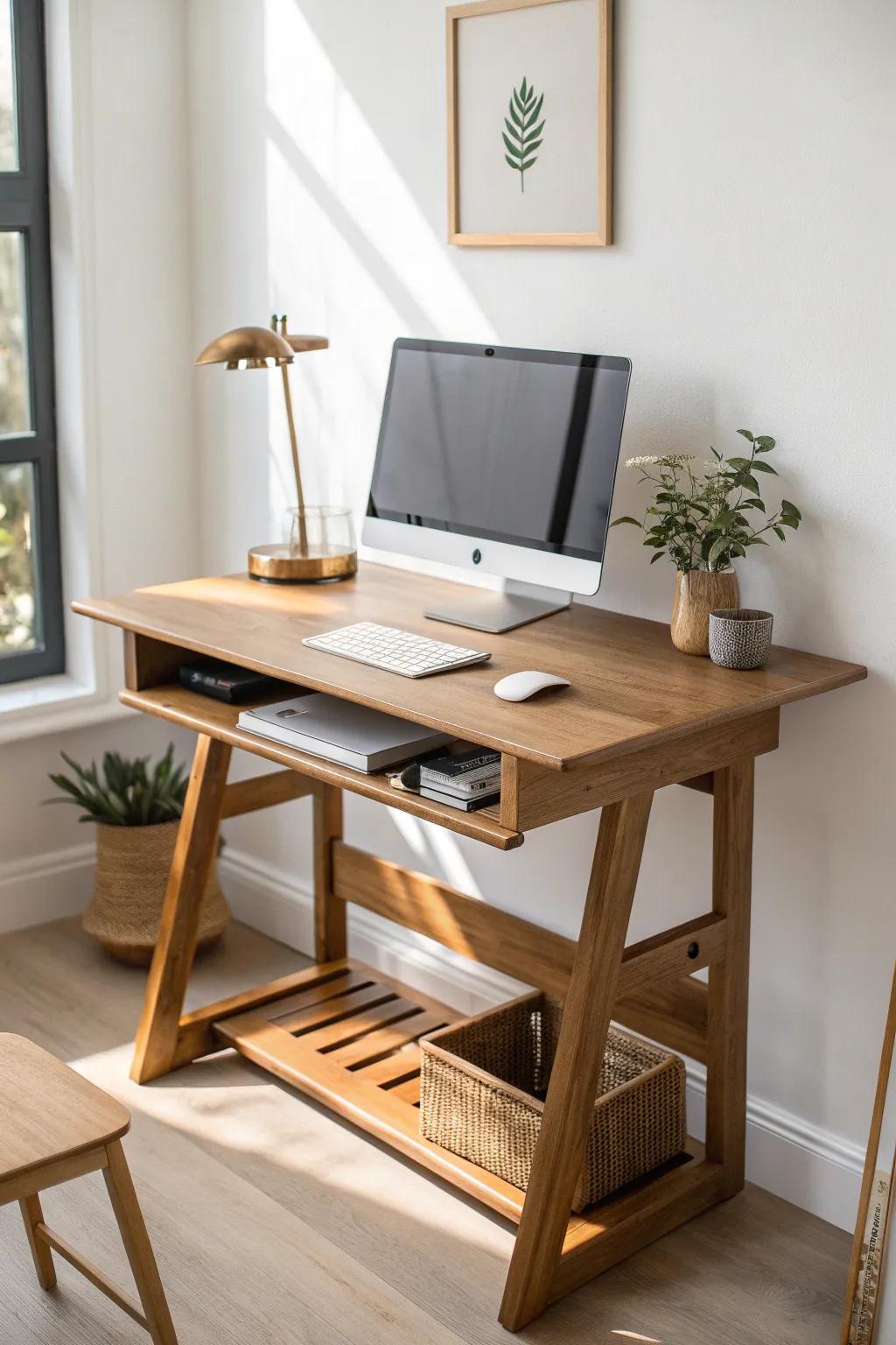 Swap sit to stand with a handcrafted oak desk riser—minimal lines, maximum back relief.