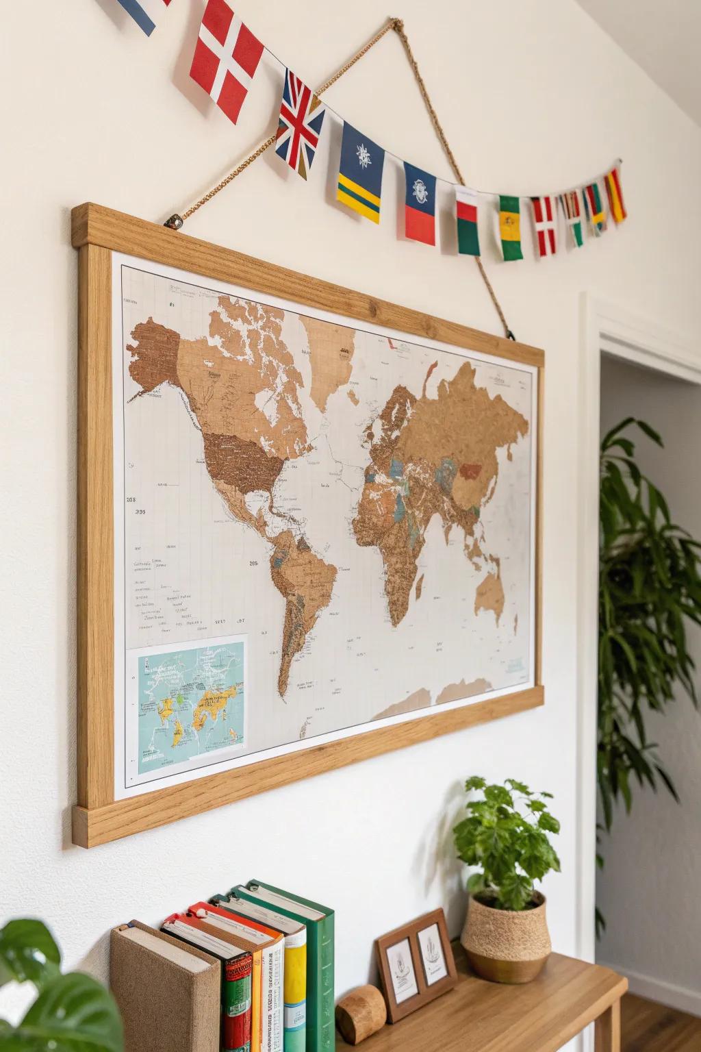 Scandi-style world map bulletin board with cheerful flag border for a classic classroom vibe.