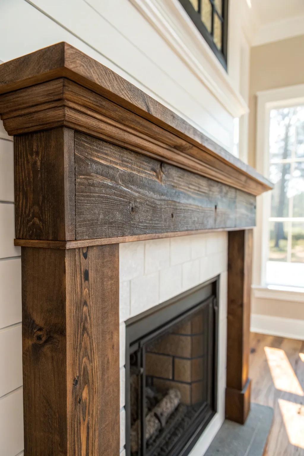 Seamless reclaimed-wood wrap mantel—authentic texture, clean lines, instant warmth.