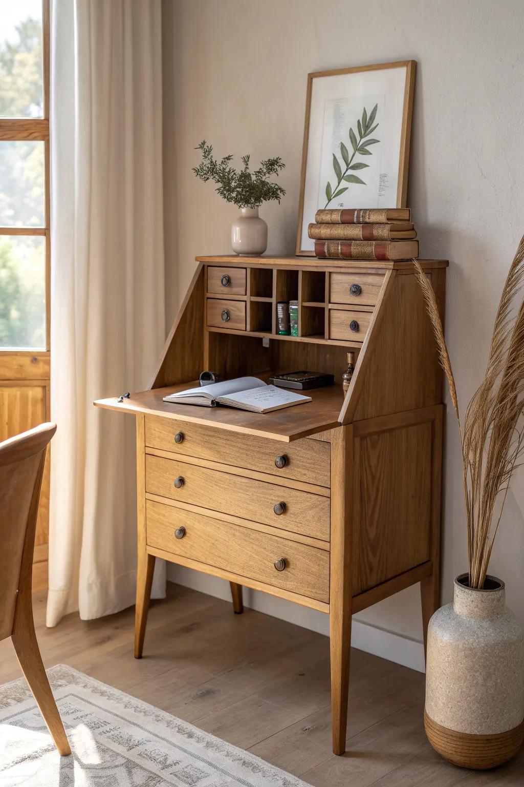 A drop-front secretary desk that hides clutter fast—timeless wood warmth with calm, tidy style.