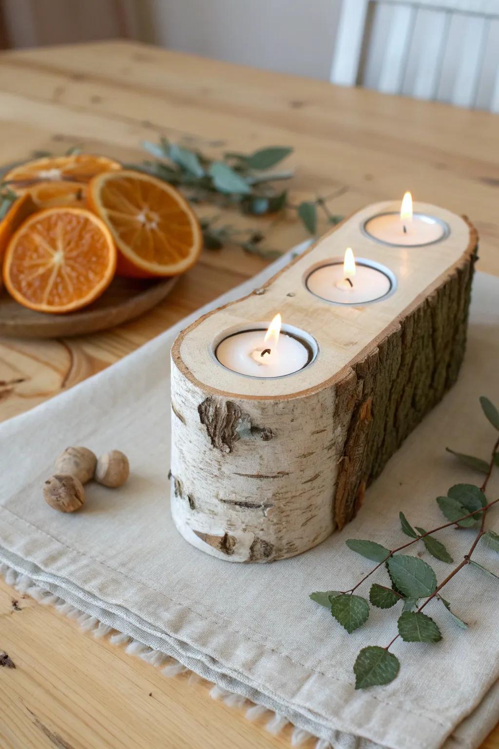 Rustic birch Yule log display with tea lights—simple, warm, and beautifully imperfect.