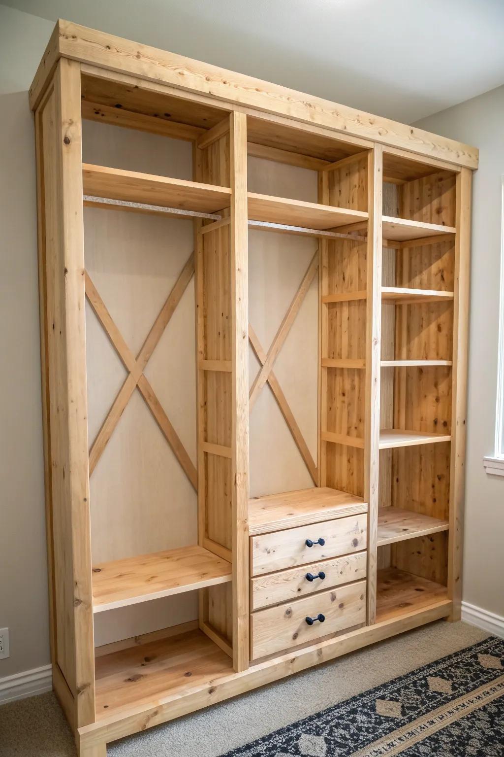 Wall-to-wall reach-in built from repeating 2x4 frames—sturdy shelves, sleek Scandinavian style.