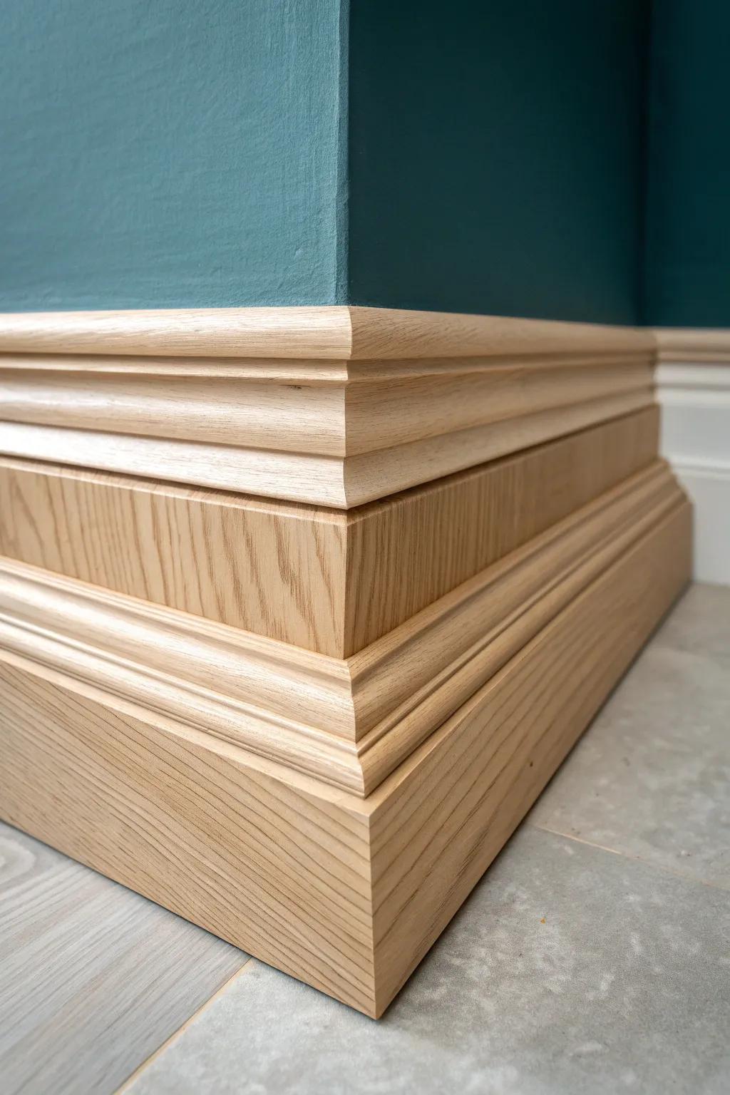 Stepped 3‑piece crown molding: flat stock, square trim, then crown—clean lines, big impact.
