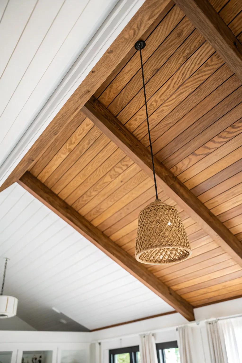 Warm tongue-and-groove boards between rafters add instant A-frame character and cozy contrast.