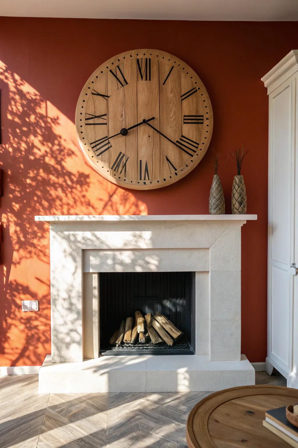 Center a bold oversized wood clock above the fireplace for a cozy, minimalist anchor.