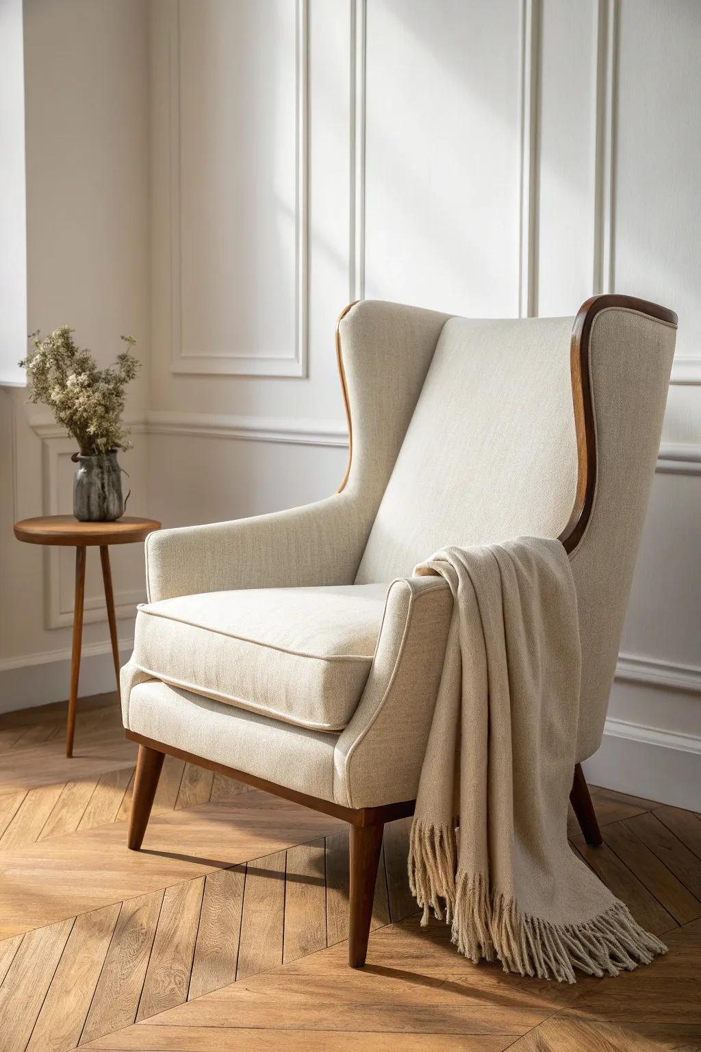 A classic wingback in linen and walnut tones—cozy, grown-up bedroom charm with bold warmth.