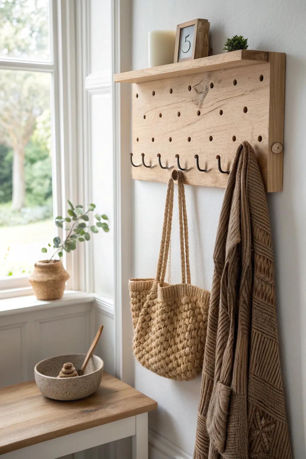 Oak entryway pegboard with chunky hooks, a styled shelf, and warm boho-meets-minimal charm.