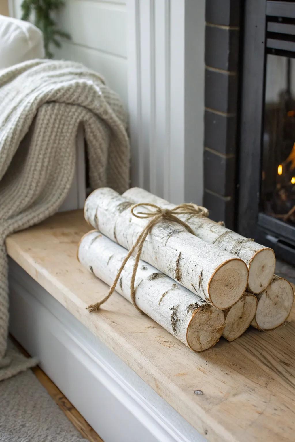 Birch log bundle + twine = instant winter texture for a cozy, styled mantel.