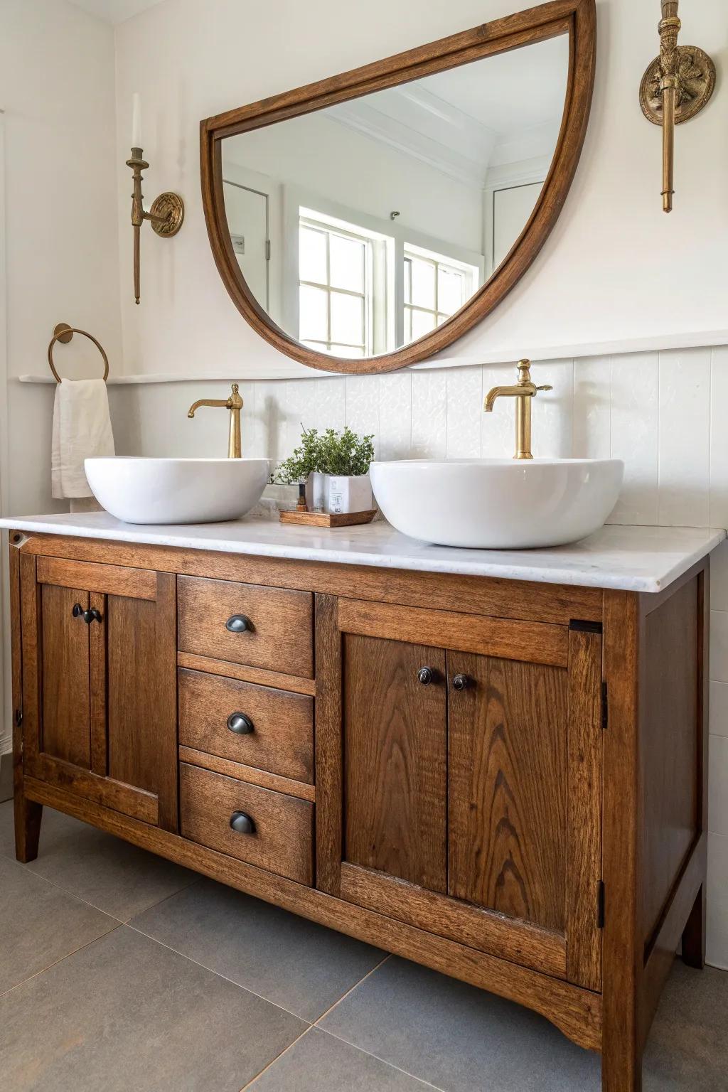 Antique buffet → airy double vanity: two sinks with a calm center zone for everyday essentials.