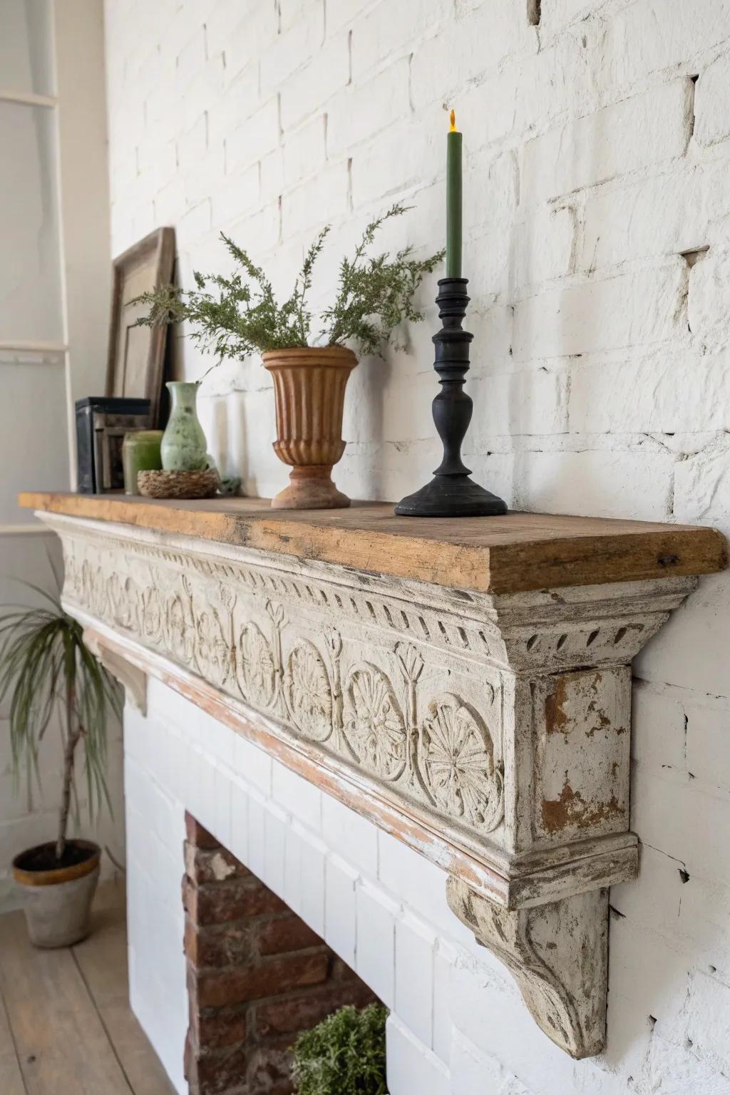 Distressed antique mantel shelf—carved character, simple styling, and bold contrast.