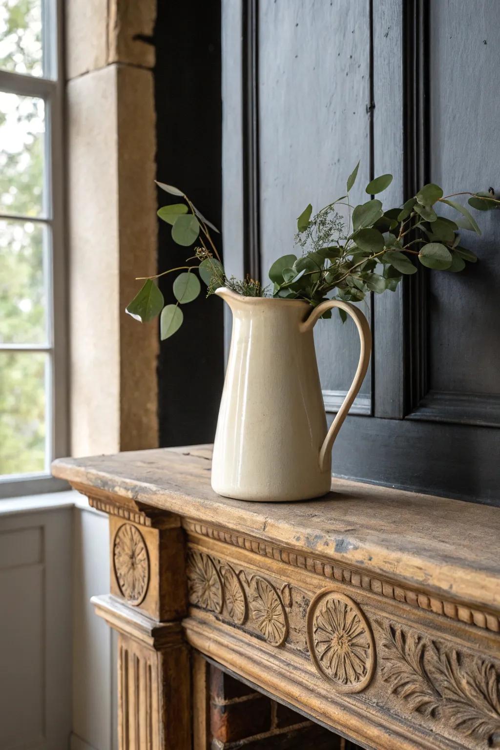 Creamy stoneware on an antique mantel—soft, simple styling that lets the wood shine.