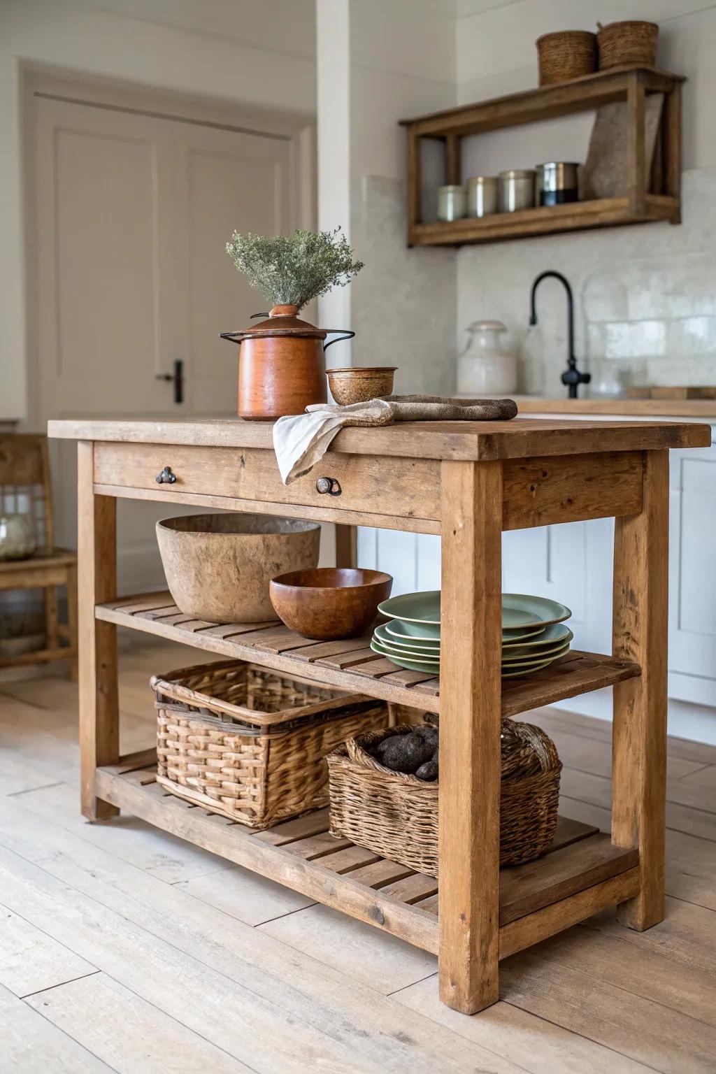 Antique island with reclaimed open shelving—baskets, boards, and patina as decor.