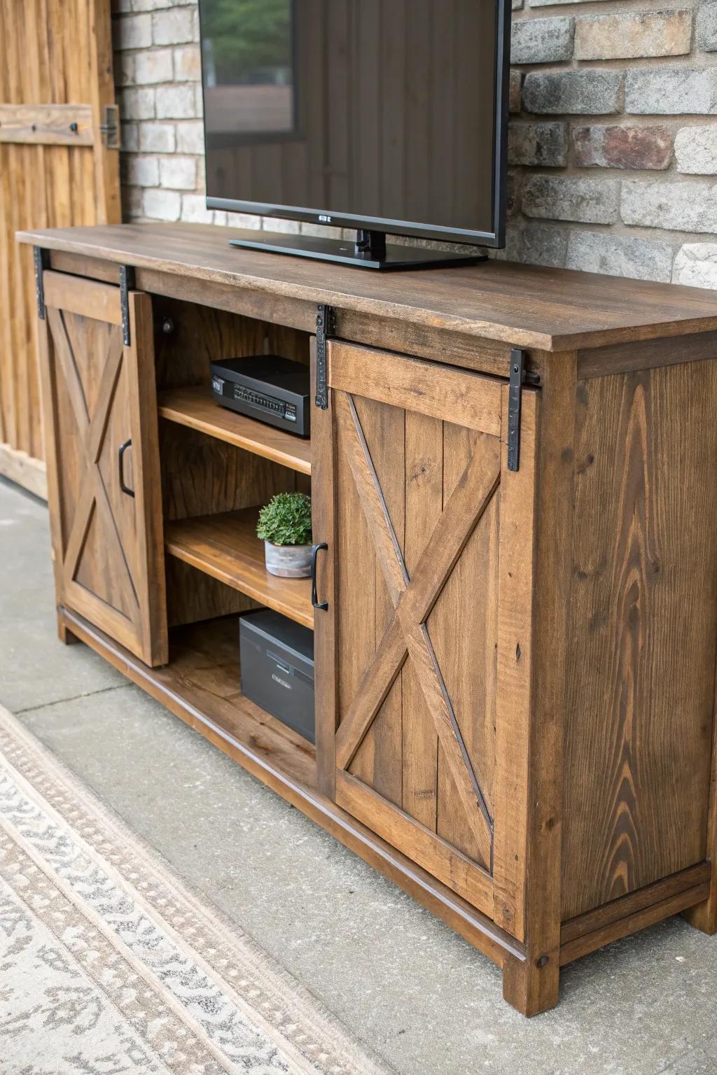 Antique TV stand with mini sliding barn doors—thick wood track, timeless craft, hidden clutter.
