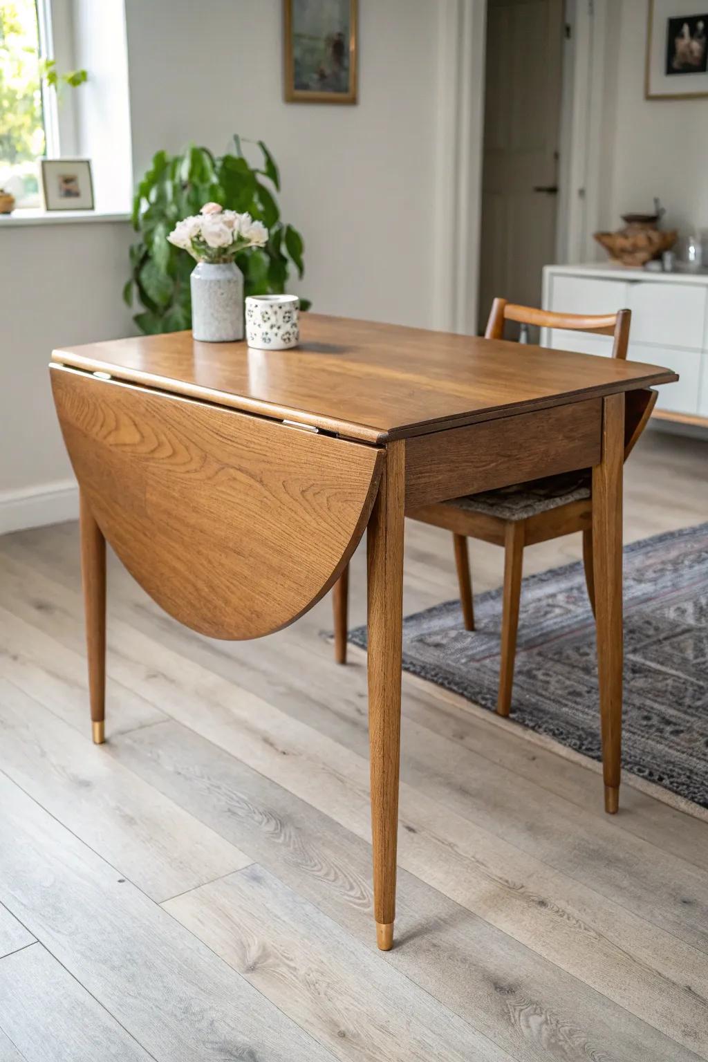 A drop-leaf table that expands in seconds—perfect for small dining rooms and effortless hosting.