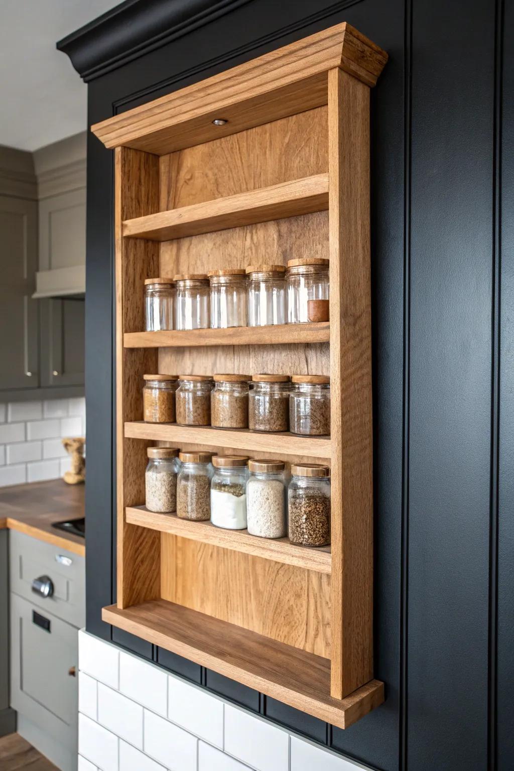 Apothecary vibes: uniform glass jars on a crafted oak shelf for a calm, curated pantry wall.