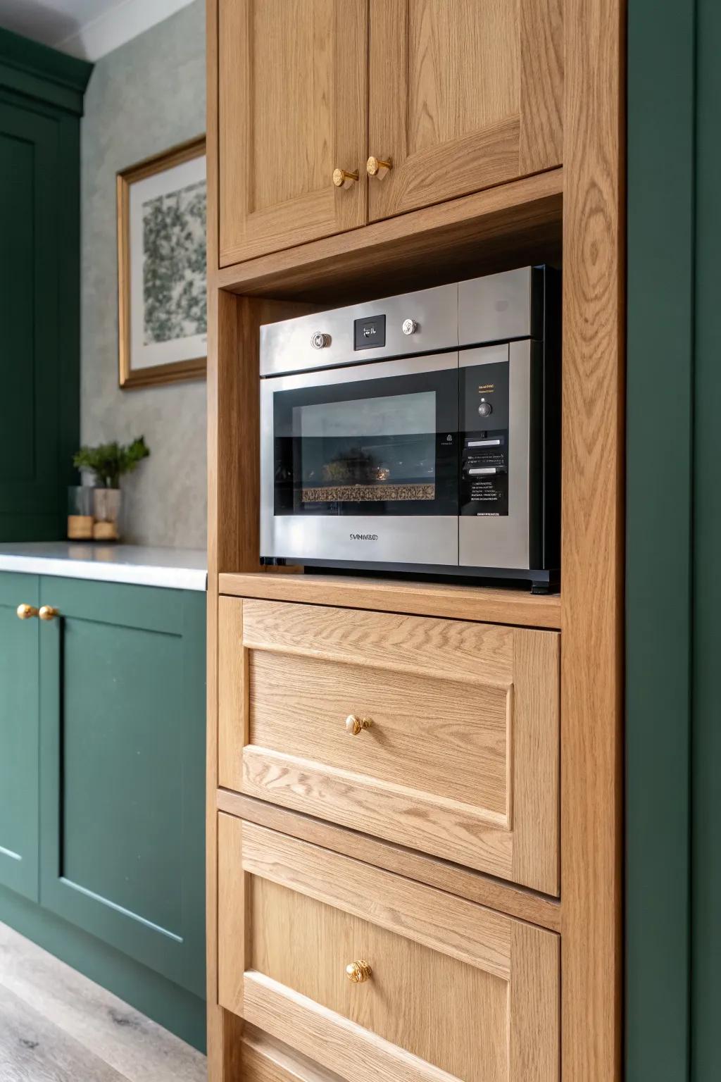 A built-in microwave nook keeps counters clean while showcasing warm oak craftsmanship.