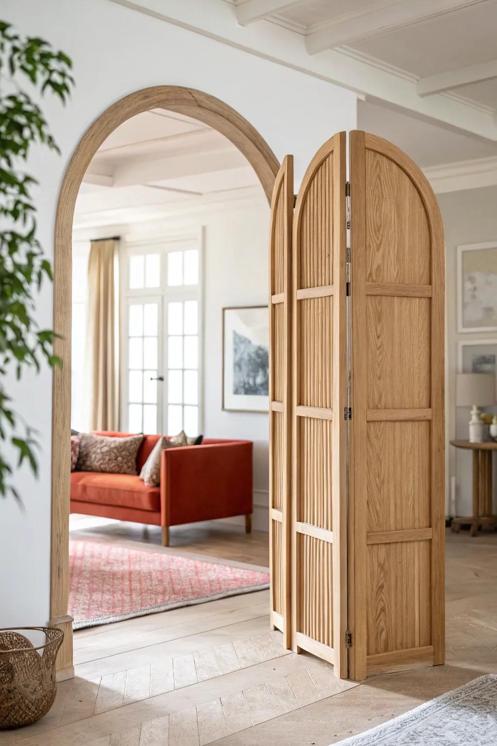 A wide, flattened wood arch divider that defines zones while keeping your space open and bright.